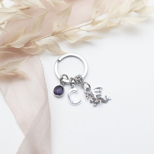 Dragon keyring, personalised gifts, baby dragon gift, birthstone letter, medieval gift, gothic fantasy theme, dragon scale bag charm