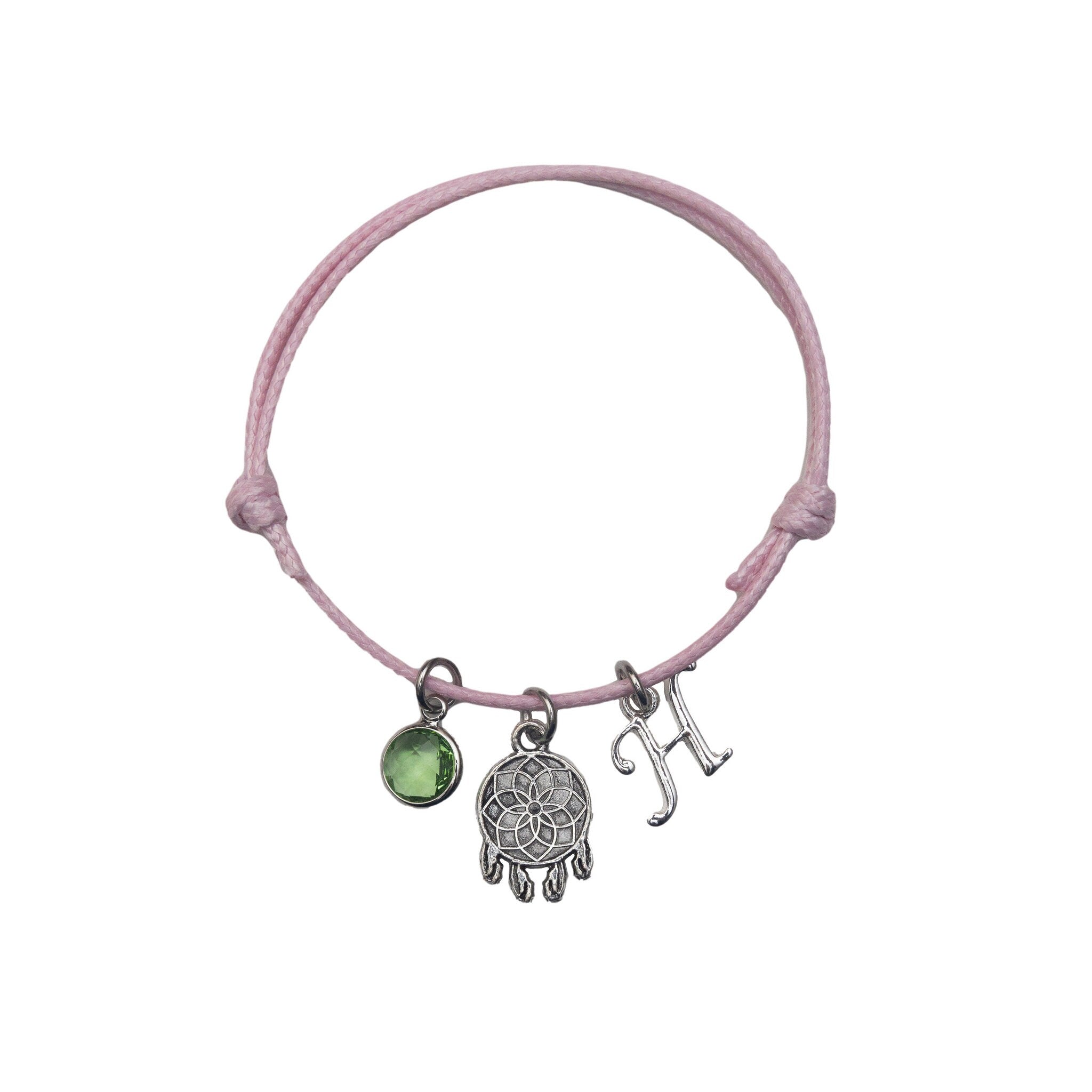 Personalised Dream Catcher Bracelet: Initial & Birthstone Charm, Adjustable Cord