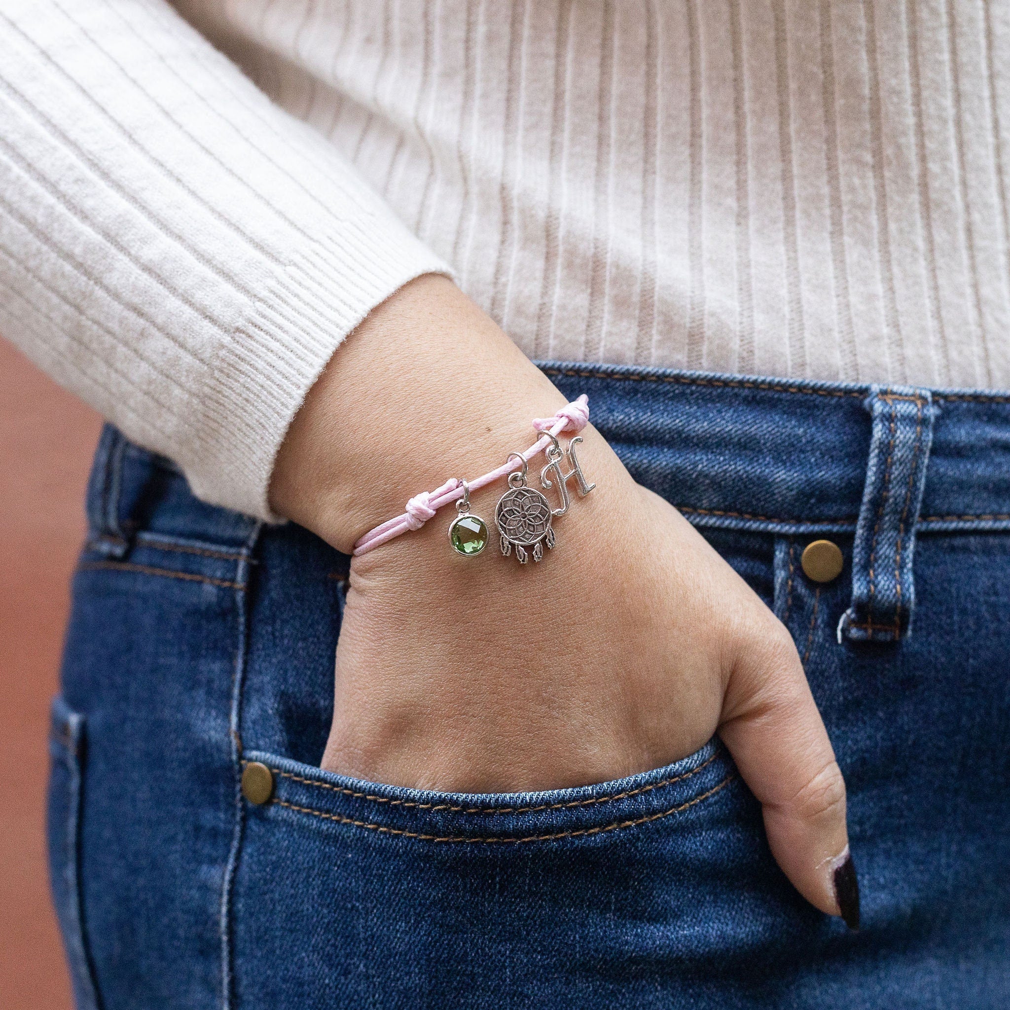 Personalised Dream Catcher Bracelet: Initial & Birthstone Charm, Adjustable Cord