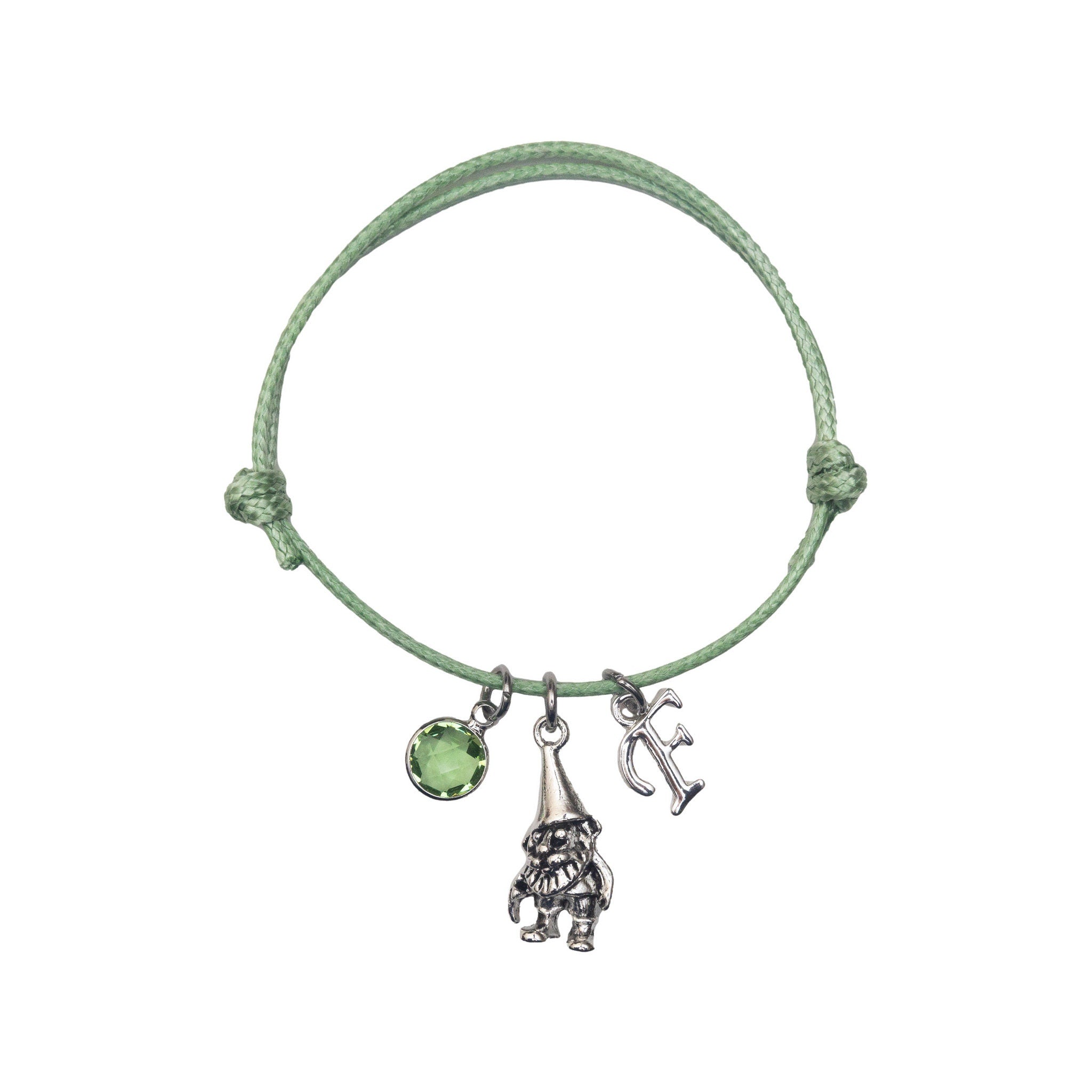 Gnome bracelet, waxed cord adjustable, personalised gifts, garden gnome gifts, whimsical jewellery, custom letter birthstone, fairy tale