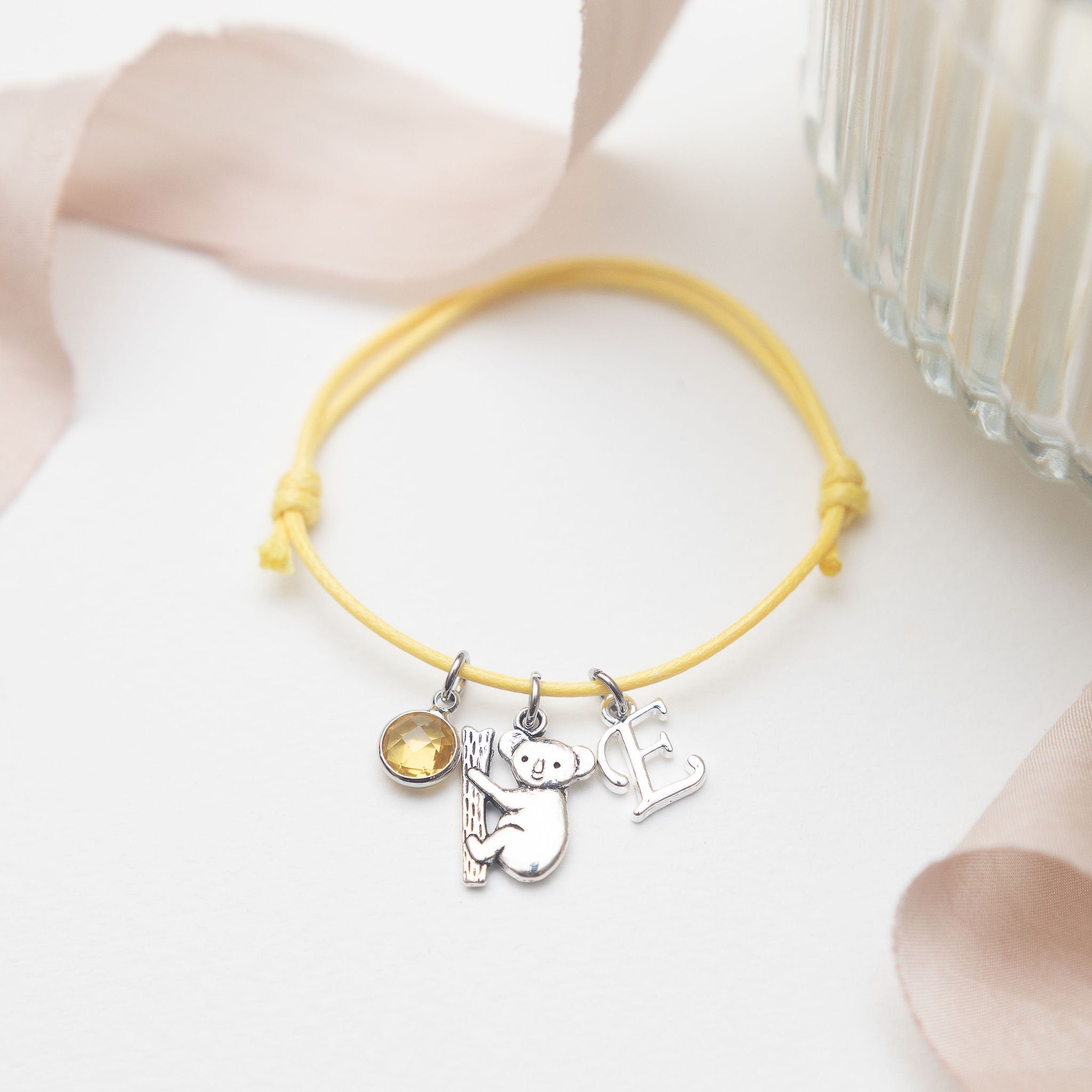 Koala bracelet, waxed cord adjustable, personalised gifts, koala bear gift, animal jewellery, custom letter birthstone, Australia travel