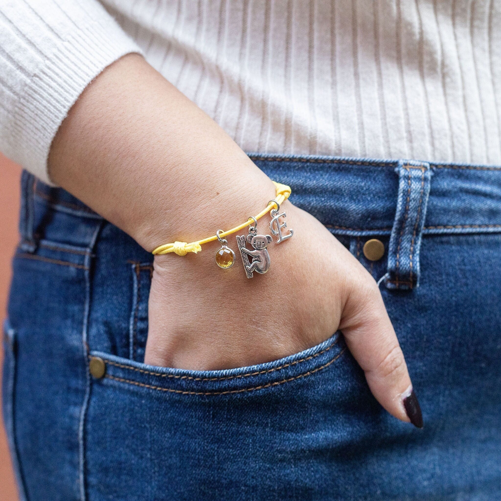 Koala bracelet, waxed cord adjustable, personalised gifts, koala bear gift, animal jewellery, custom letter birthstone, Australia travel