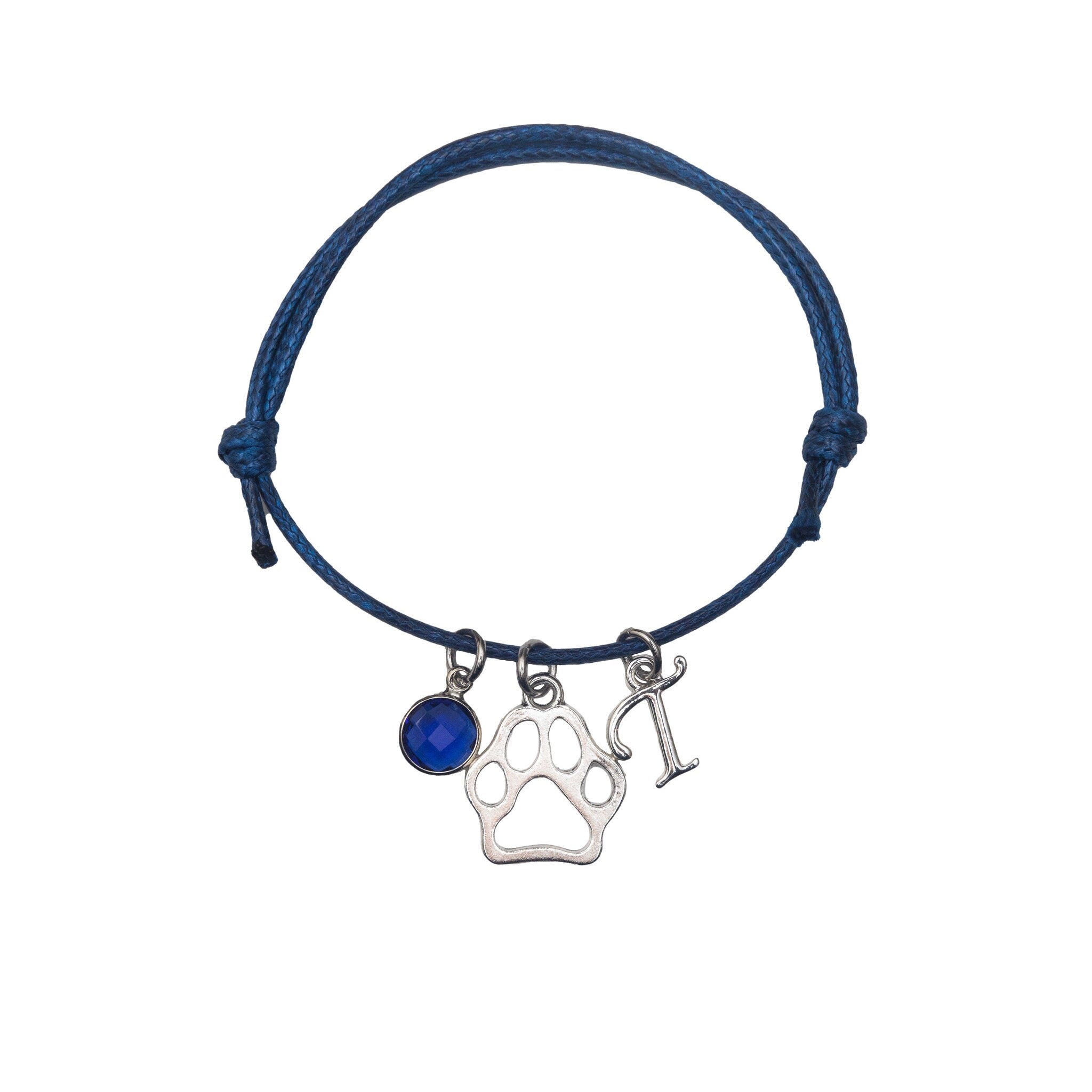 Paw print bracelet, waxed cord adjustable, personalised gifts, dog gift, animal jewellery, custom letter birthstone, pet loss keepsake