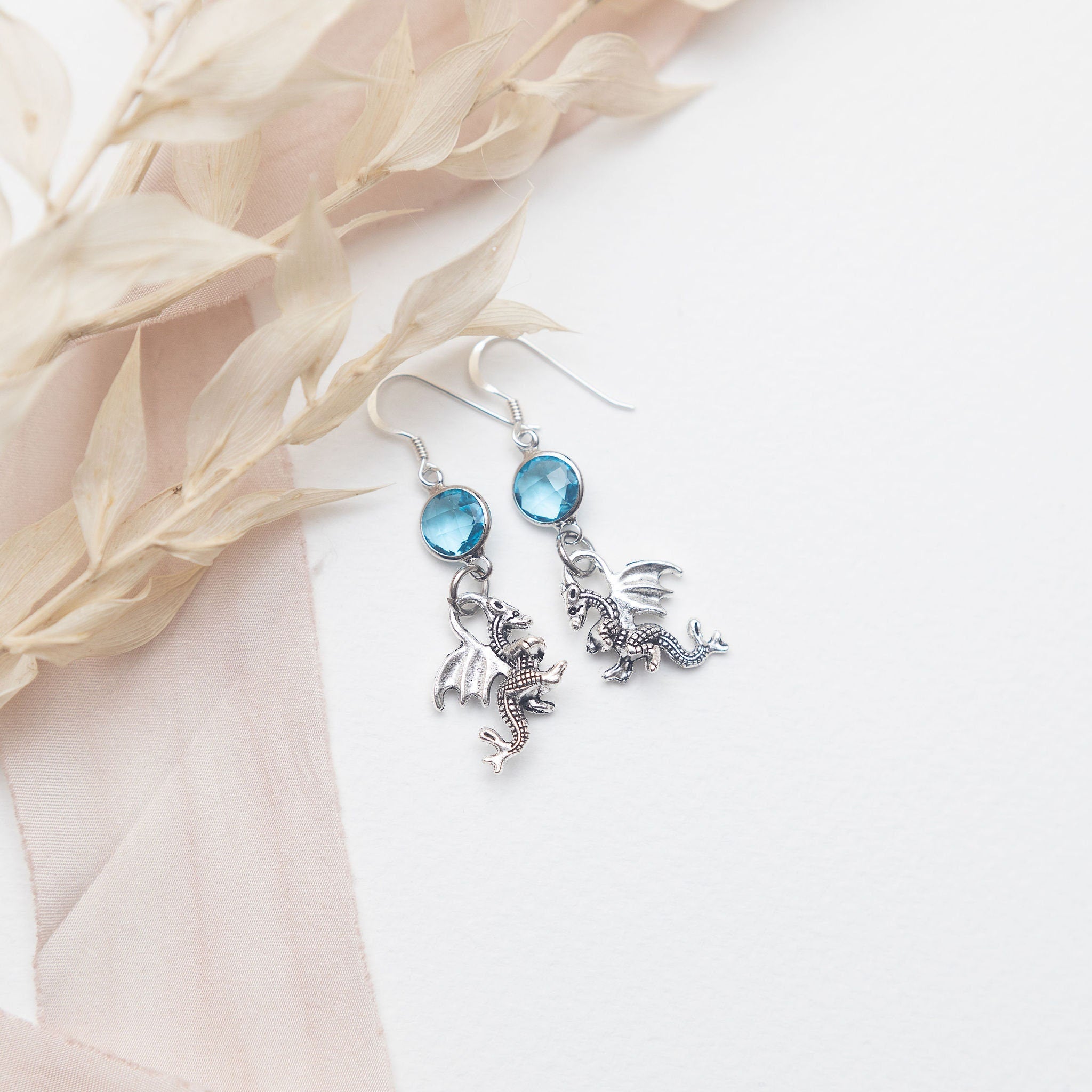 Dragon earrings, birthstone jewellery, personalised gifts, charm drop earrings, baby dragon jewellery, fantasy medieval gift,