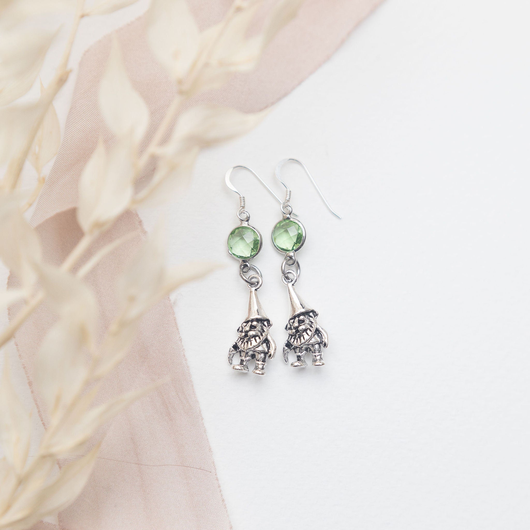 Gnome earrings, birthstone jewellery, personalised gifts, charm drop earrings, gnome jewellery, gift for gardener, garden gnome present