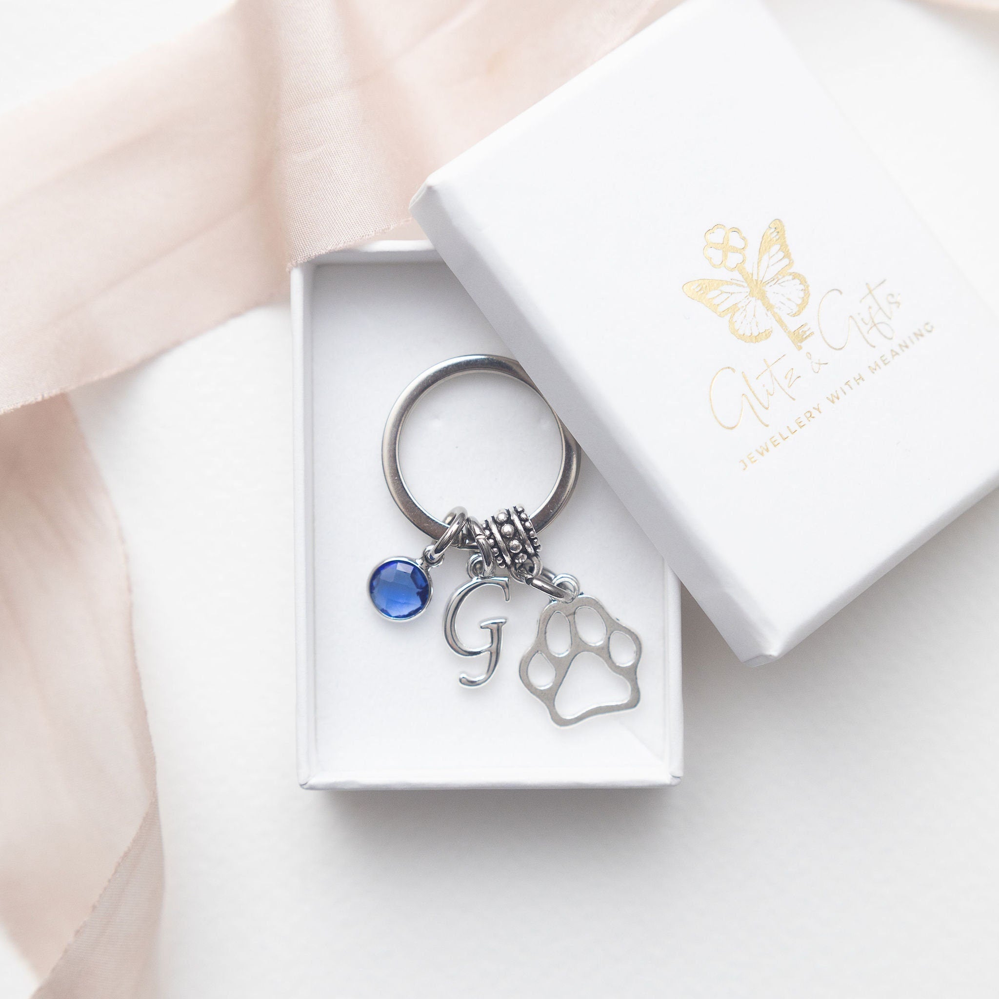 Paw print keyring, personalised gifts, dog theme gift, birthstone letter, new puppy owner gift, pet loss memorial keepsake bag charm