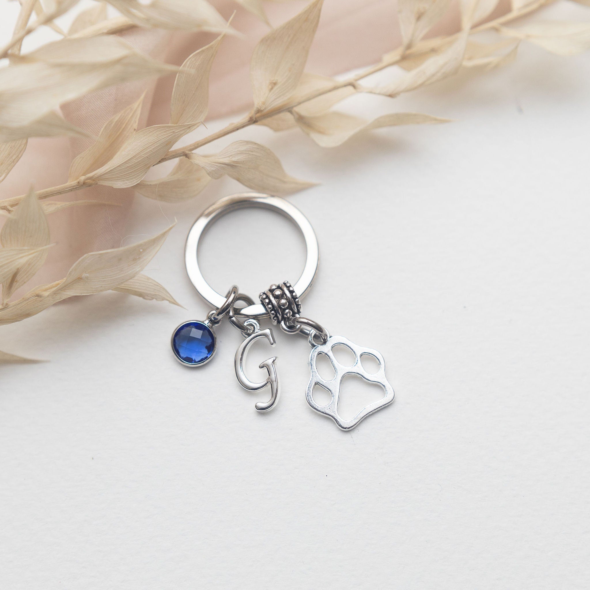 Paw print keyring, personalised gifts, dog theme gift, birthstone letter, new puppy owner gift, pet loss memorial keepsake bag charm