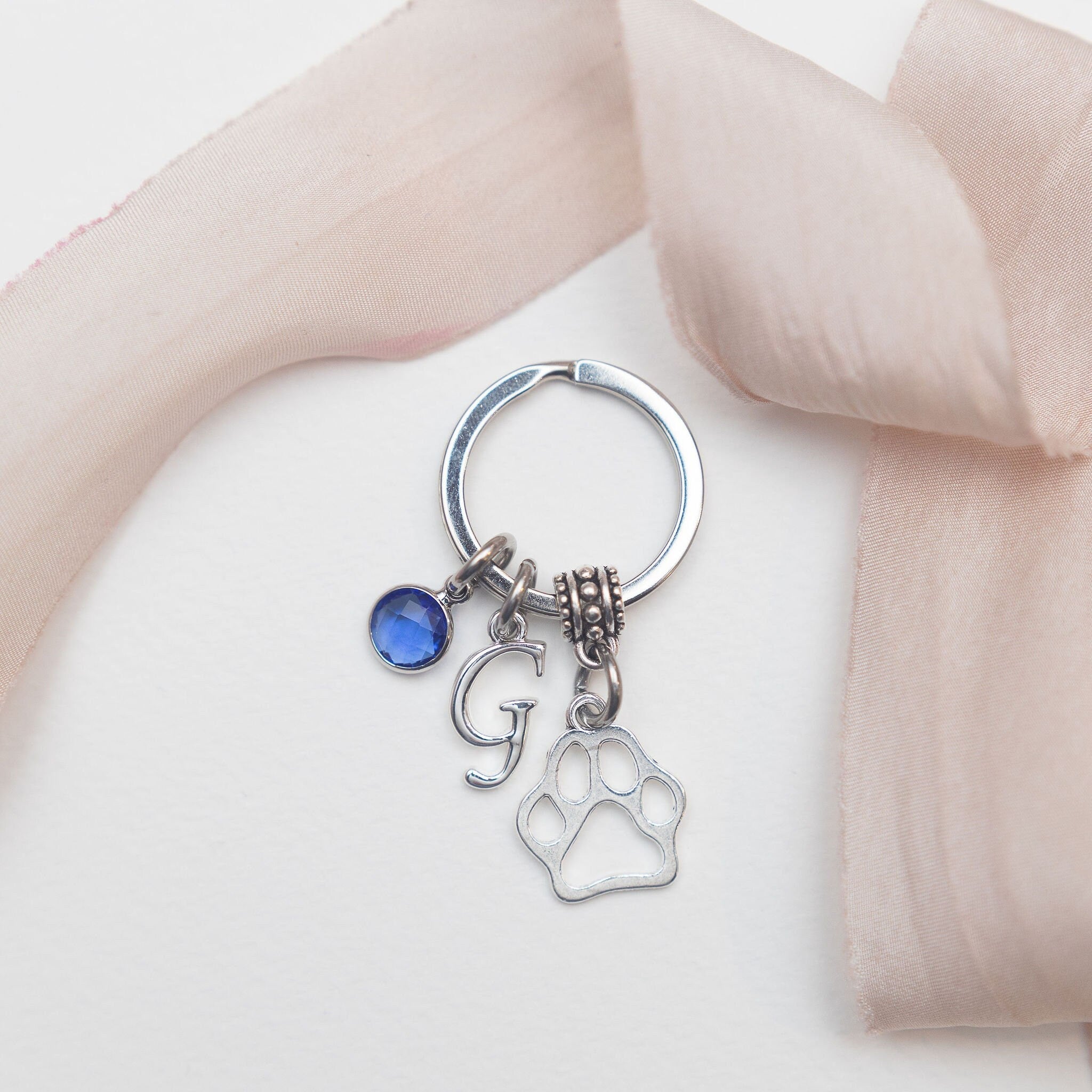 Paw print keyring, personalised gifts, dog theme gift, birthstone letter, new puppy owner gift, pet loss memorial keepsake bag charm