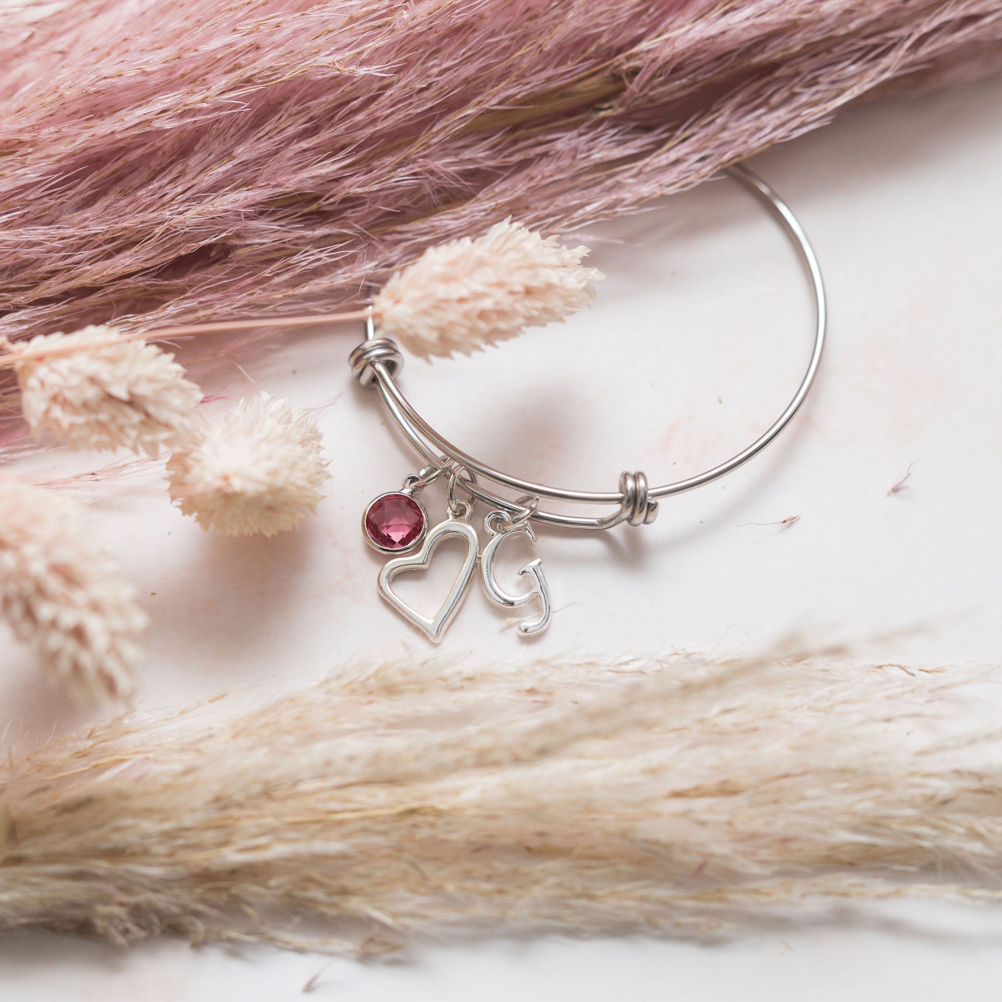 Love heart bangle, Valentines jewellery, gift for girlfriend, personalised gifts, adjustable bracelet, wife anniversary, birthstone charm