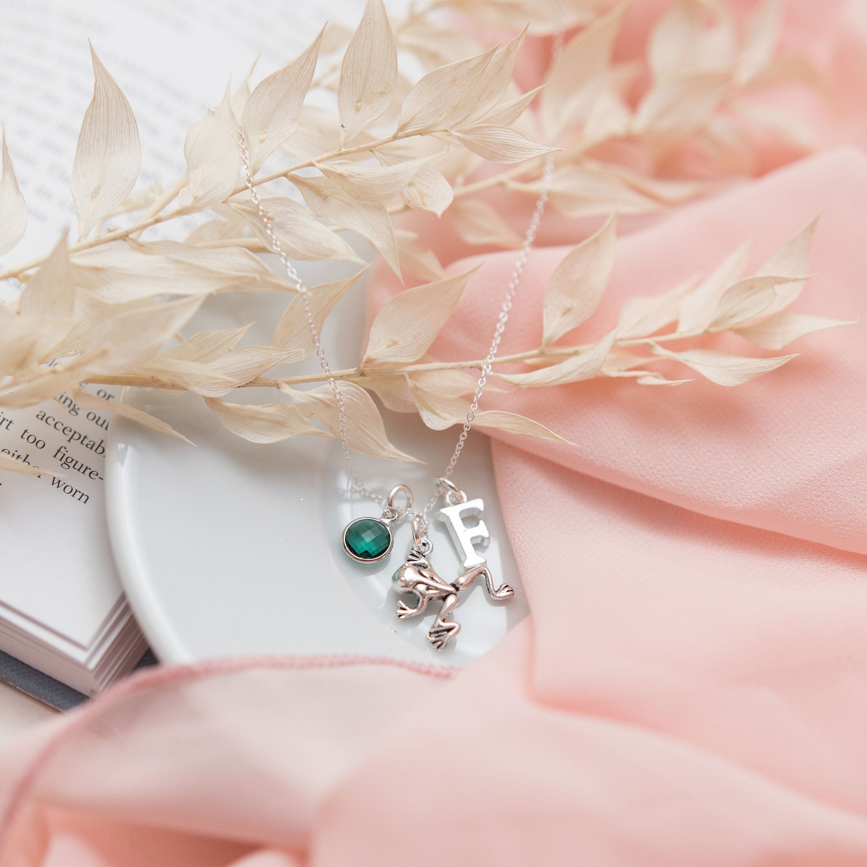 Frog necklace, personalised gifts, jewellery for women, birthstone and initial charms, froggy gift, amphibian pendant