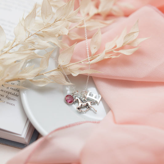 Horse necklace, personalised gifts, birthstone initial letter, animal jewellery, equestrian riders, horse pony owners, pet loss memorial