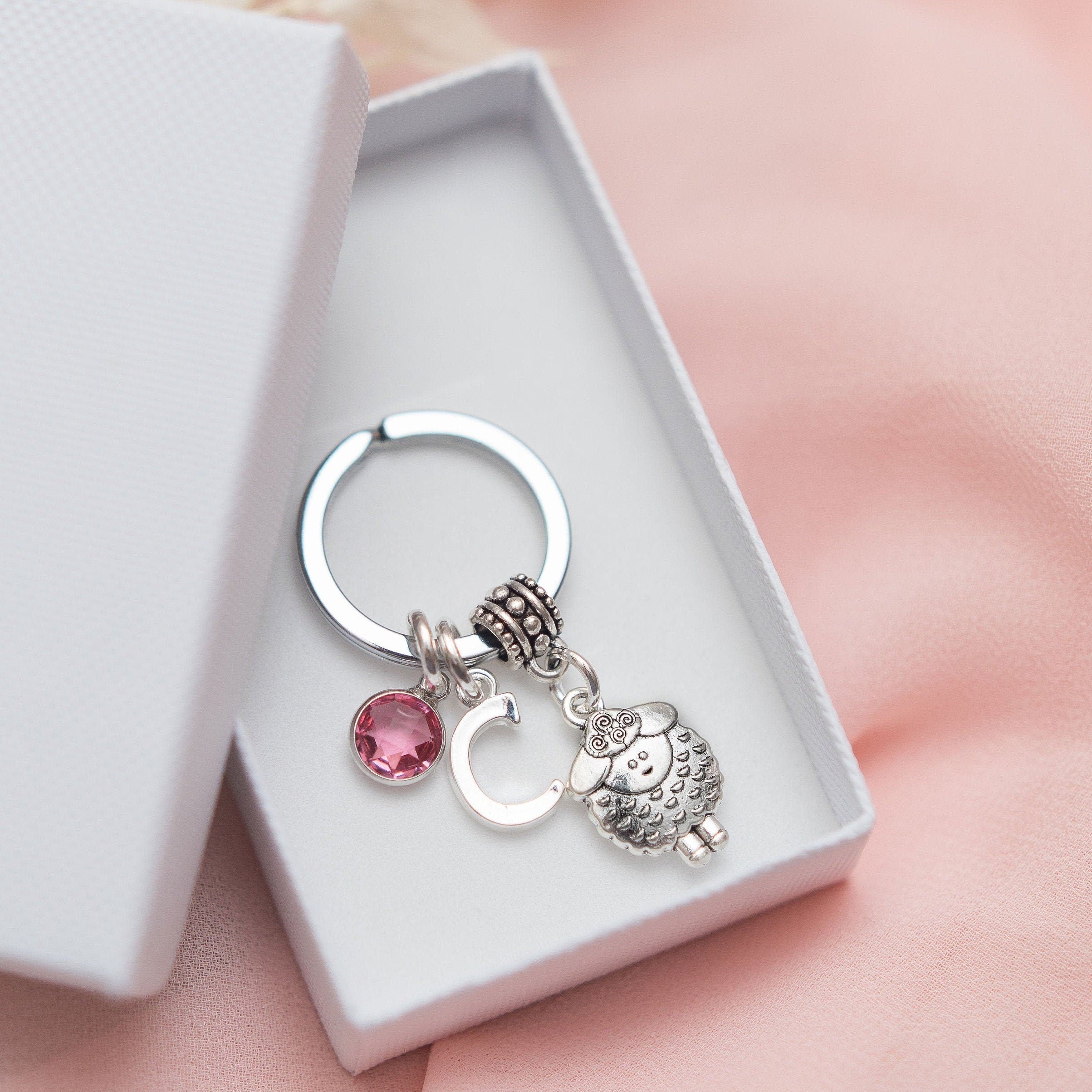 Personalised Sheep Keyring: Initial & Birthstone Charm