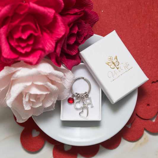 Open heart keychain, girlfriend boyfriend keyring, personalised Valentines present, love, custom gift for wife, letter initial  birthstone