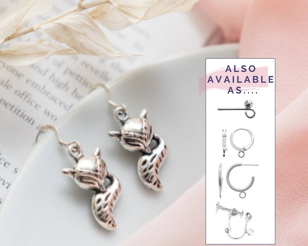 Fox earrings, fox gifts, drop dangle charms, animal gifts, vixen jewellery, foxes face tail, woodland animal, nature jewellery
