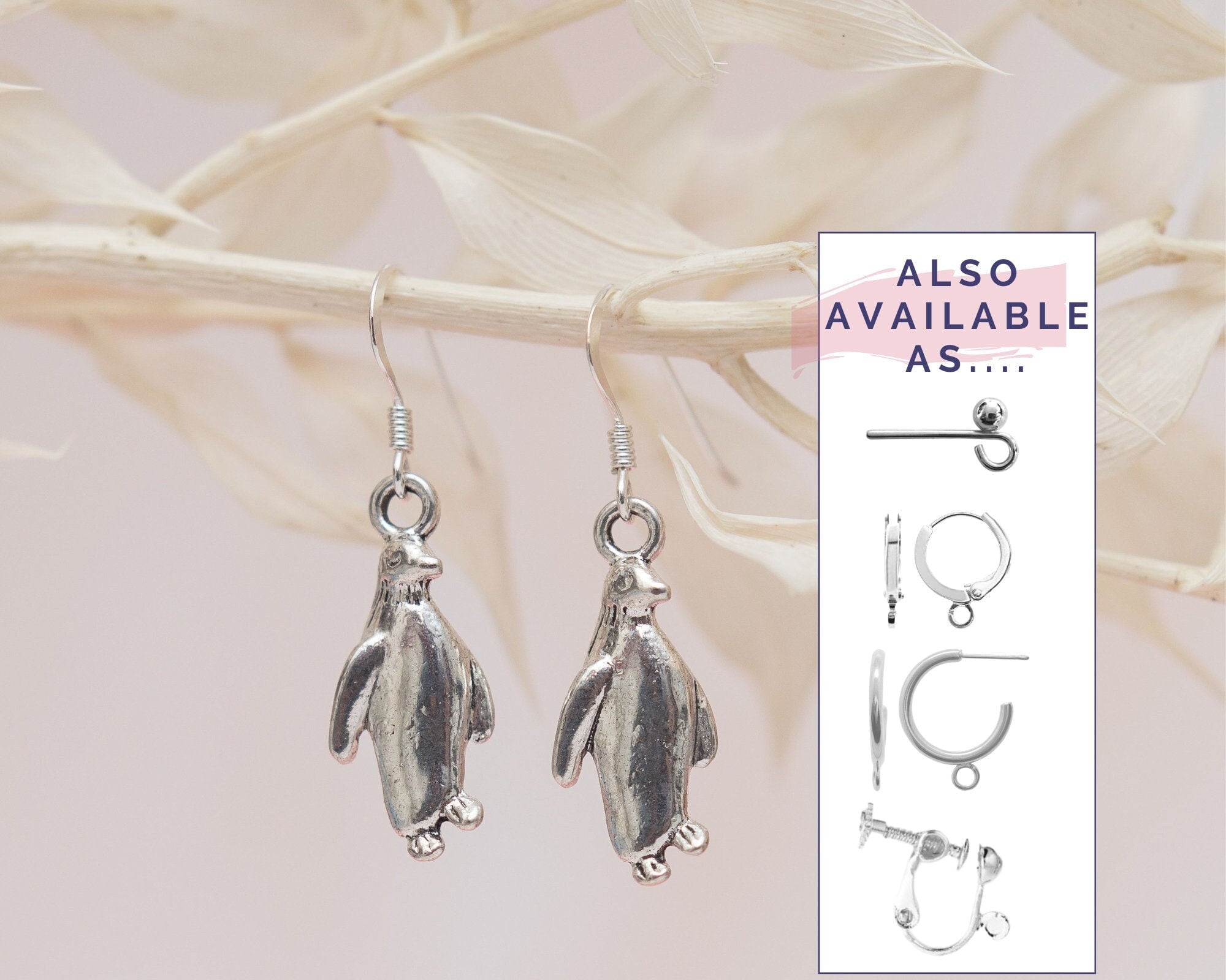 Penguin earrings, penguin jewellery, for penguin lovers, Antarctica bird, polar animal, seabird accessory, drop charm hoops, post studs