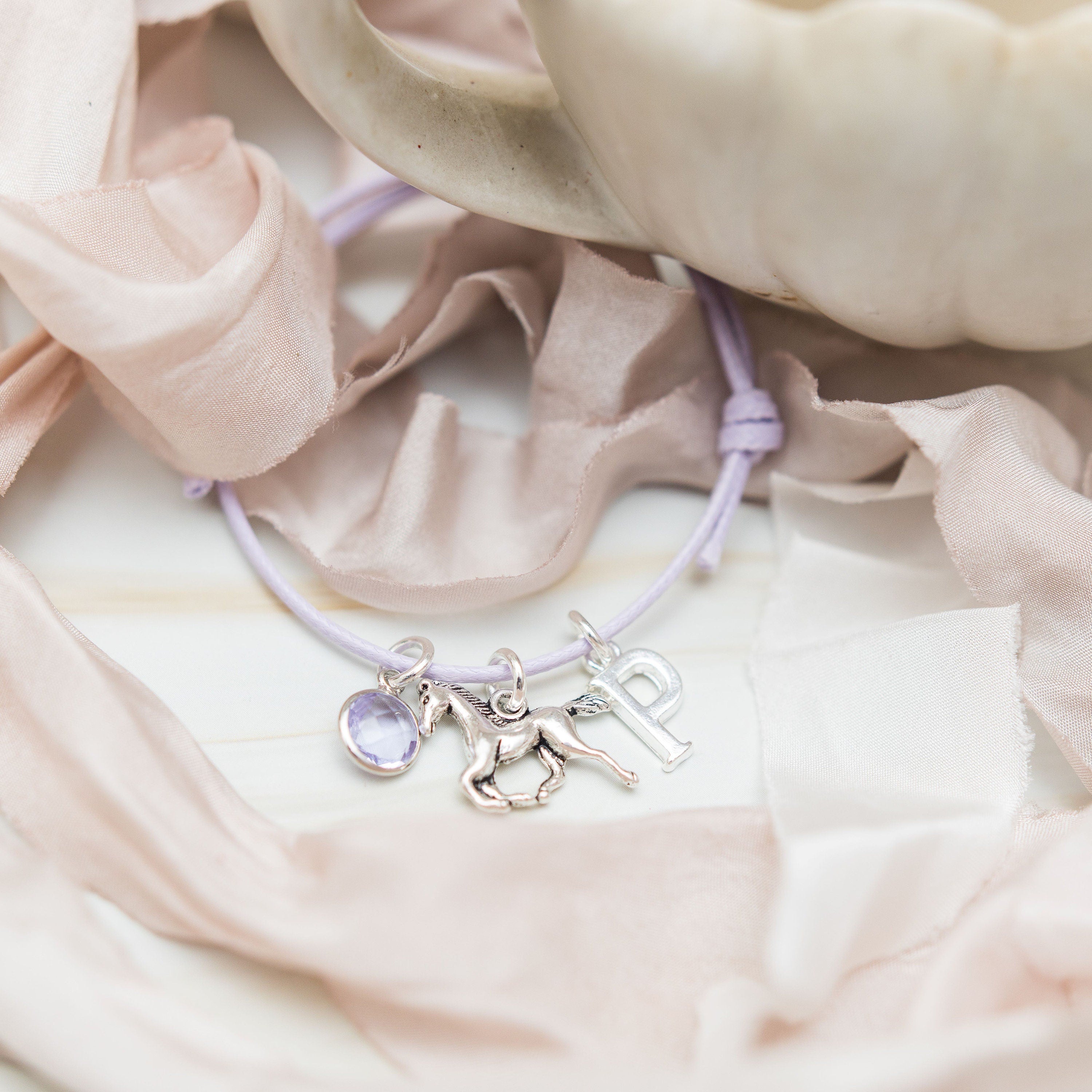 Horse bracelet, waxed cord adjustable bracelet, birthstone initial, personalised gifts, animal jewellery, equestrian rider gift, pony