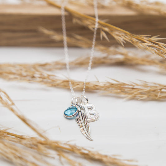 Feather necklace, initial and birthstone, personalised gifts, remembrance gift, feather pendant, bird jewellery,