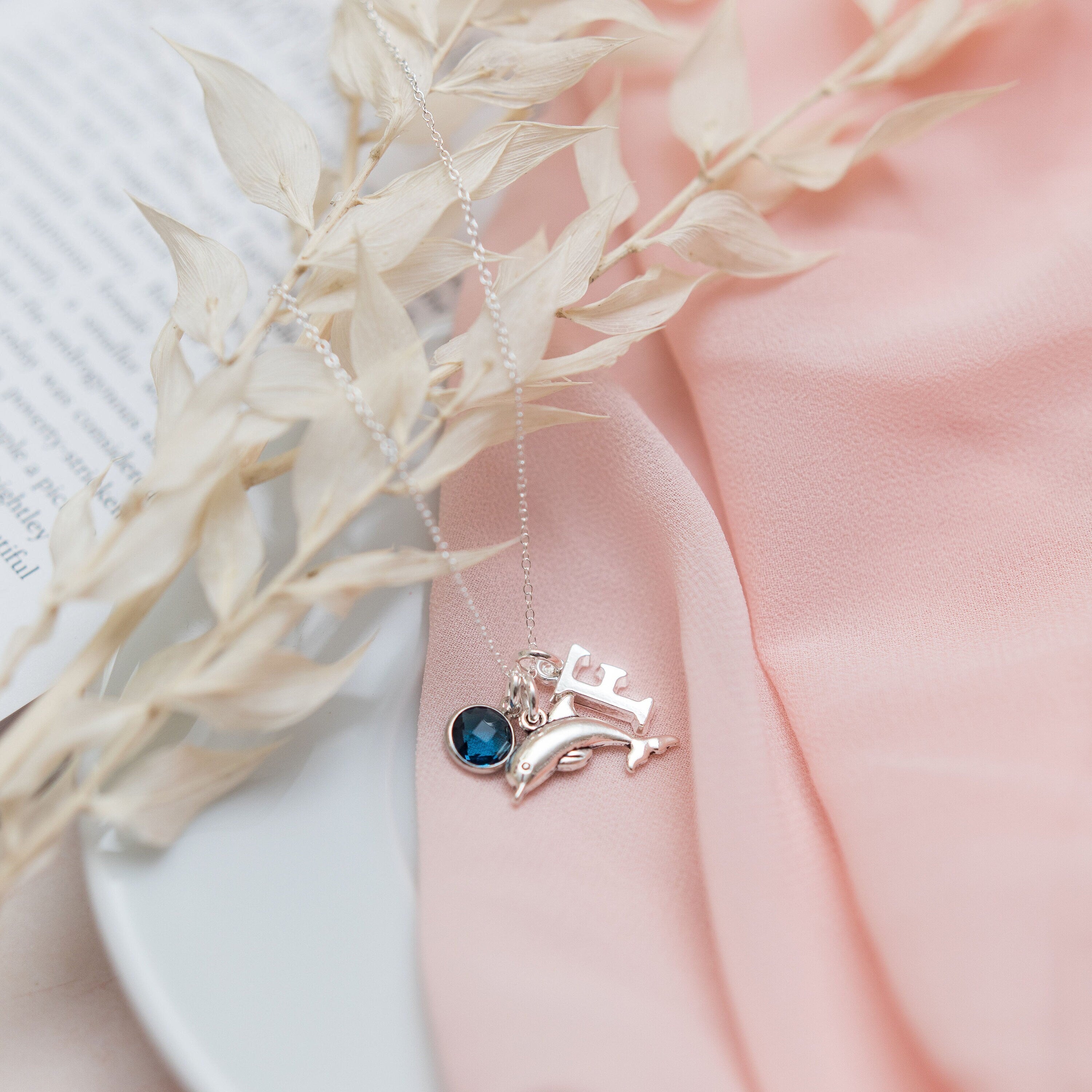 Dolphin necklace,  personalised gifts, dolphin lover gift, sea life animal, ocean lover. birthstone initial charm, summer holiday jewellery