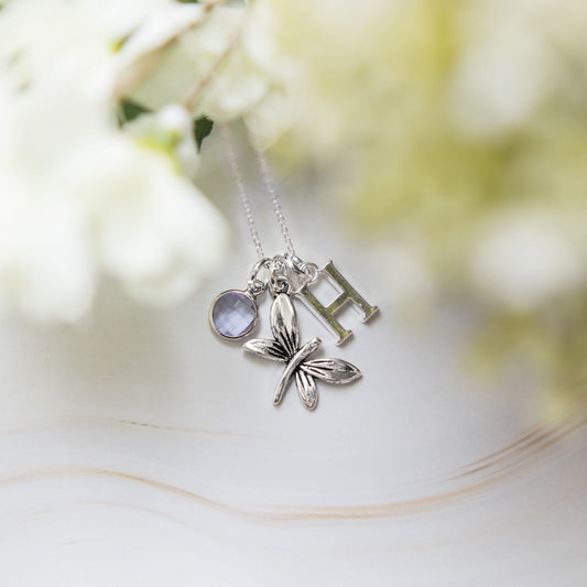 Dragonfly charm necklace, personalised gifts, birthstone letter initial, insect jewellery, symbolic transformation, new life beginnings