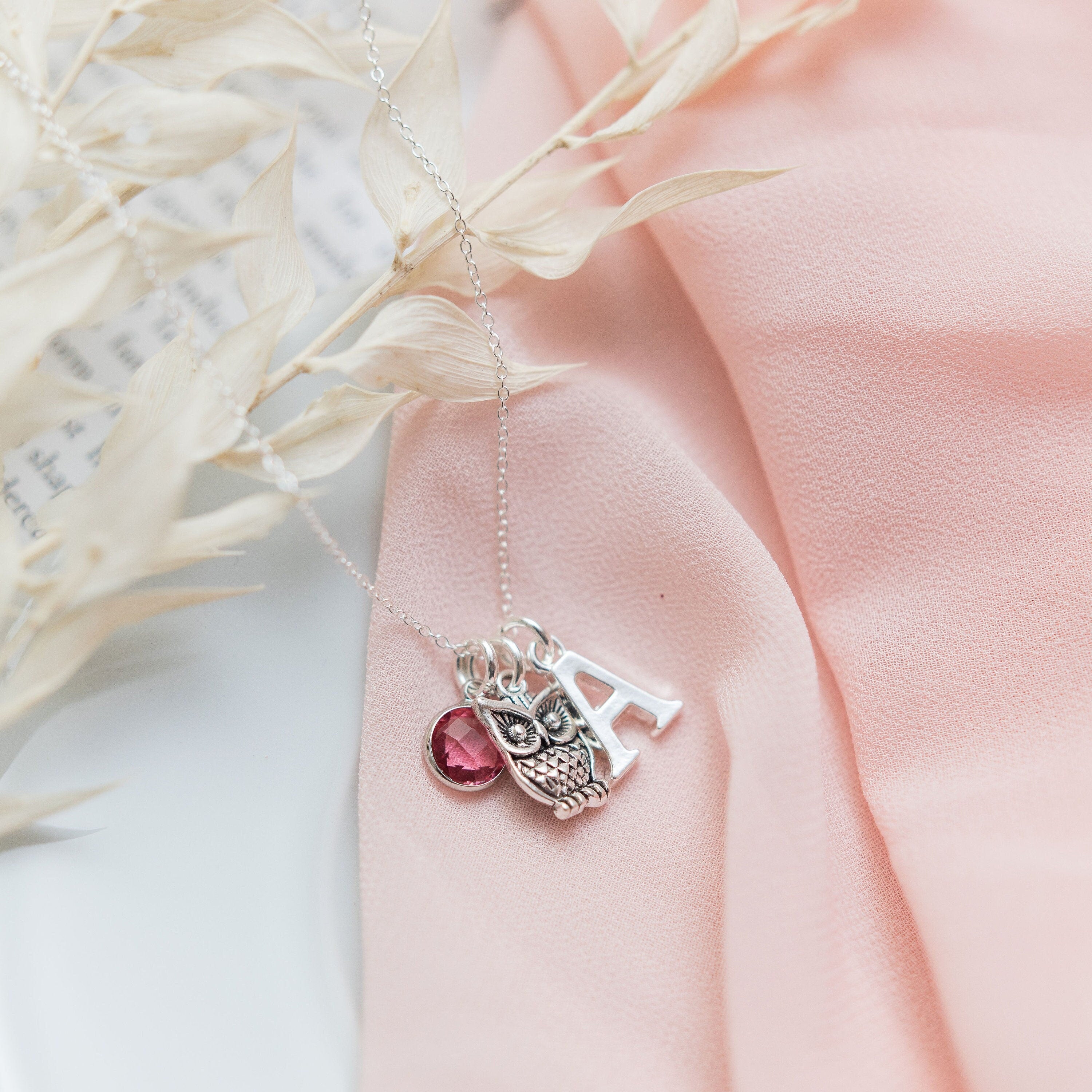 Owl necklace,  personalised gifts, owl lover gift, bird jewellery. birthstone initial, graduation present, book lovers, teacher thank you