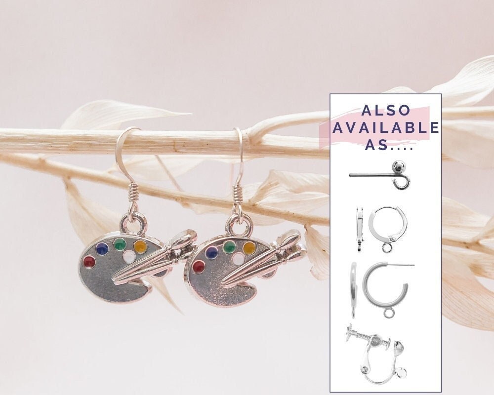 Paint palette earrings, artist gifts, art theme jewellery, creative painter gift, paint brush pendant, enamel drop charm hook ear wires