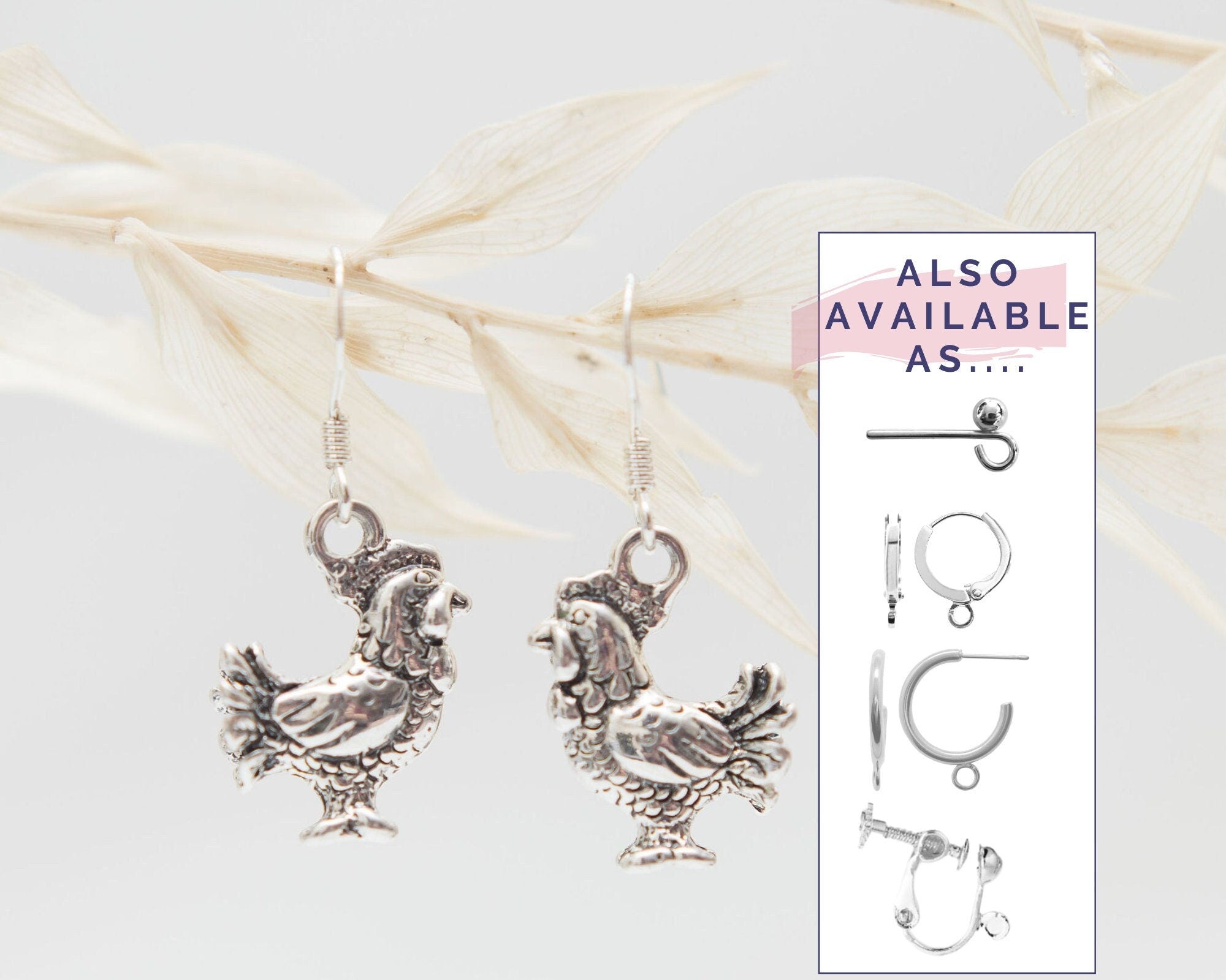 Chicken earrings, rooster jewellery, Easter chick, chicken theme gift, mother hen gift, farm animal gift, pet rescue owner, Spring accessory