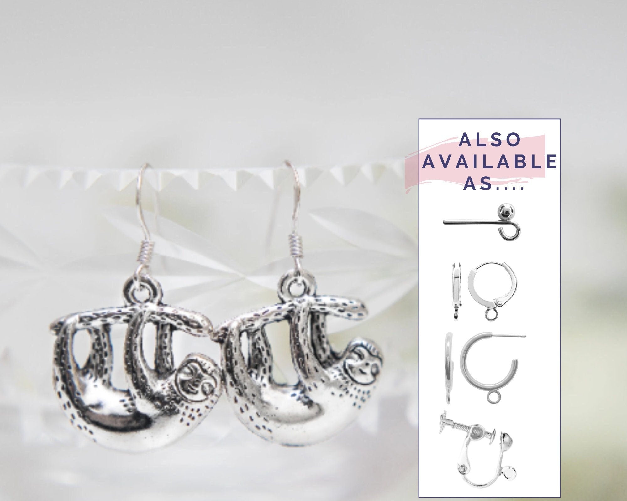 Sloth earrings, animal jewellery, sloth theme gifts, jungle animal accessory, slow down keepsake, hanging sloth,