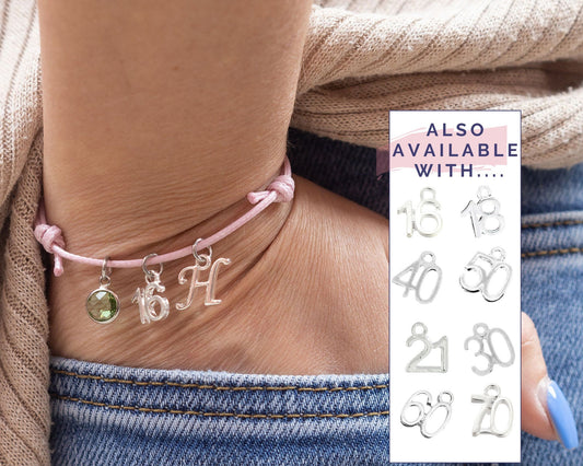 16 18 21 30 40 50 60 70 80 birthday bracelet, special number age charm, waxed cord adjustable, personalised gifts, custom jewellery