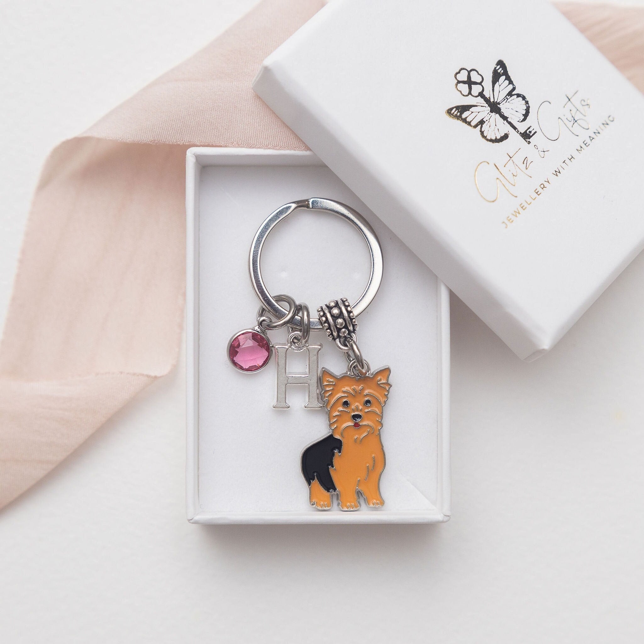 Yorkshire terrier keyring, yorkie keychain, personalised gift, birthstone initial, animal bag charm, dog owner, new puppy, pet loss memorial