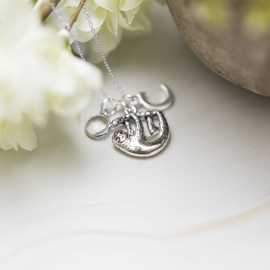 Sloth necklace, personalised gifts, sloth gifts, birthstone and initial jewellery, hanging sloth pendant, cute animal gift