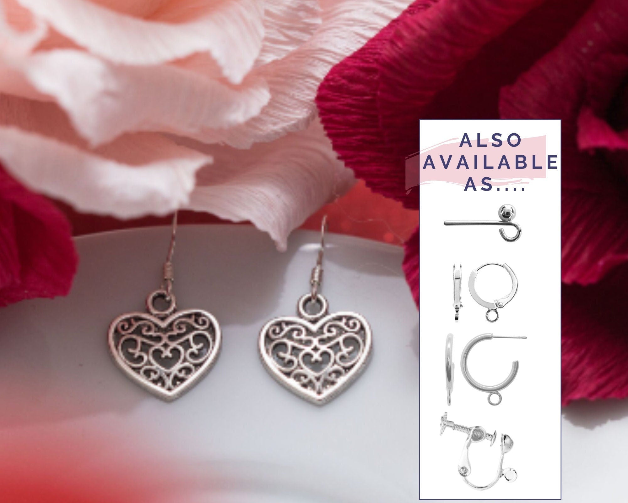 Filigree heart earrings, heart jewellery, Valentines day gift, girlfriend gift, wife present, love jewellery, Galantine's gift