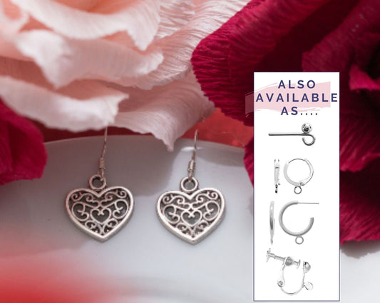 Filigree heart earrings, heart jewellery, Valentines day gift, girlfriend gift, wife present, love jewellery, Galantine's gift