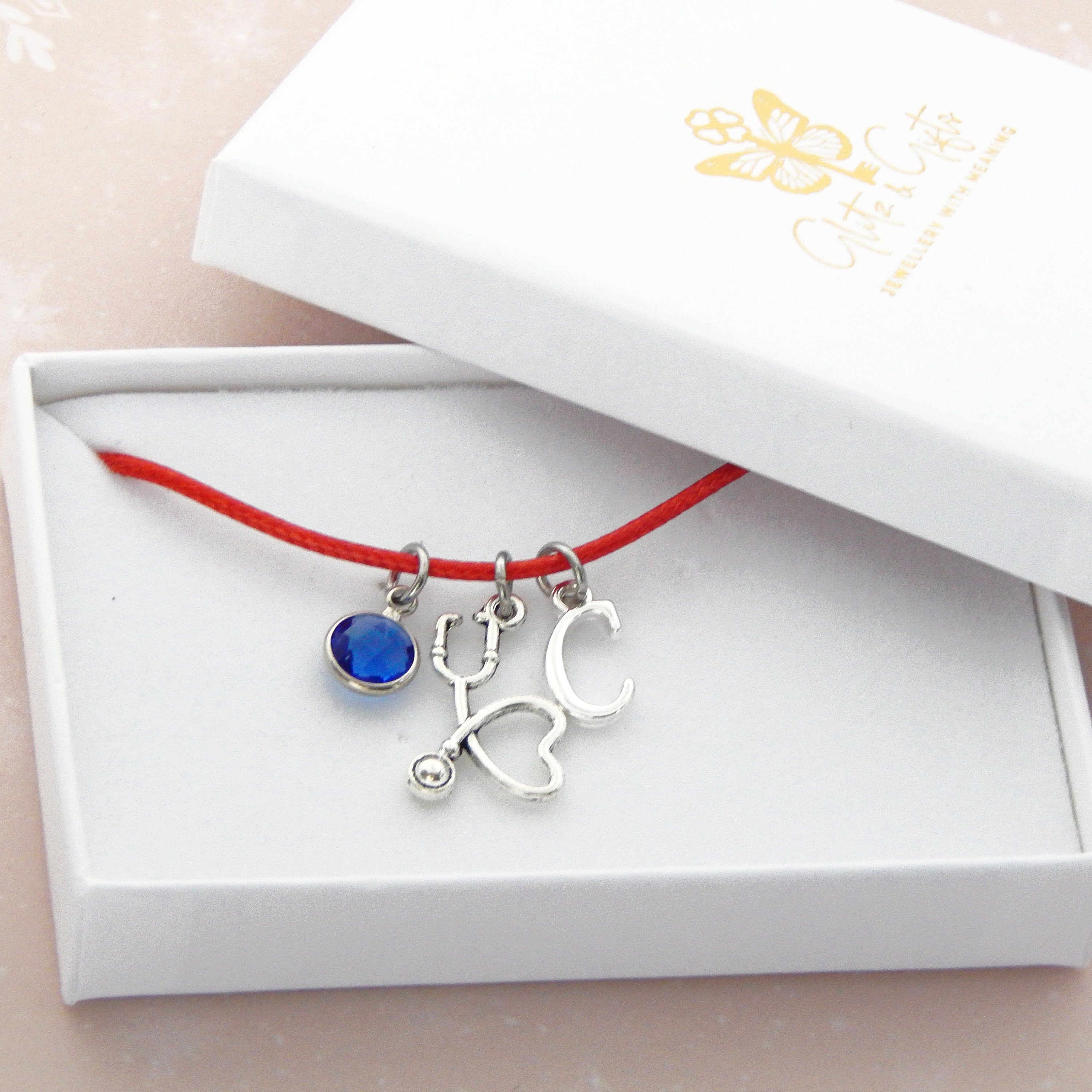 Stethoscope bracelet, personalised jewellery,  waxed cord adjustable bracelet, birthstone initial, birth month, Doctor nurse gift