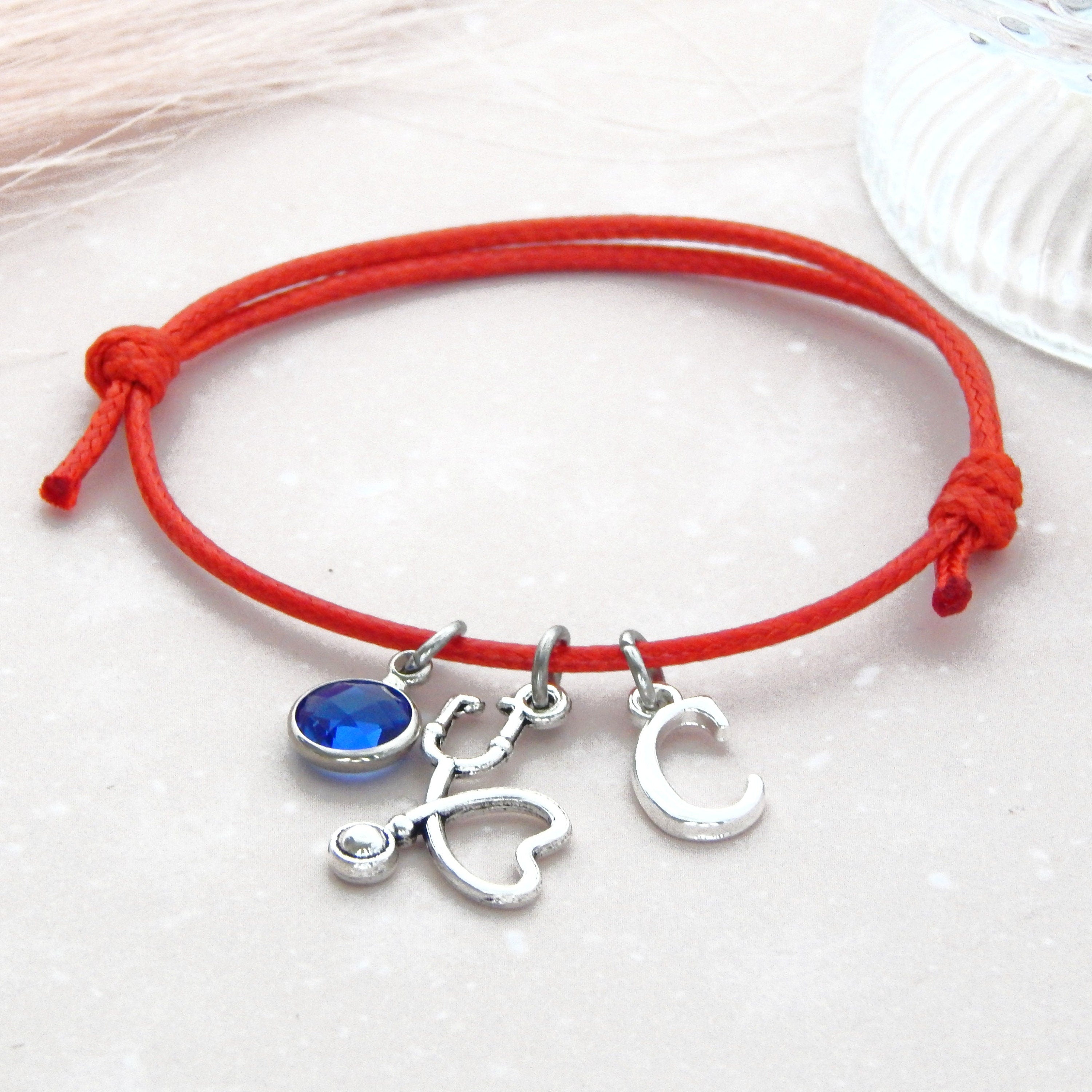 Stethoscope bracelet, personalised jewellery,  waxed cord adjustable bracelet, birthstone initial, birth month, Doctor nurse gift