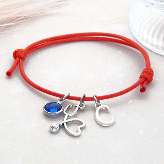 Stethoscope Bracelet: Personalised Birthstone Initial Charm, Adjustable Cord