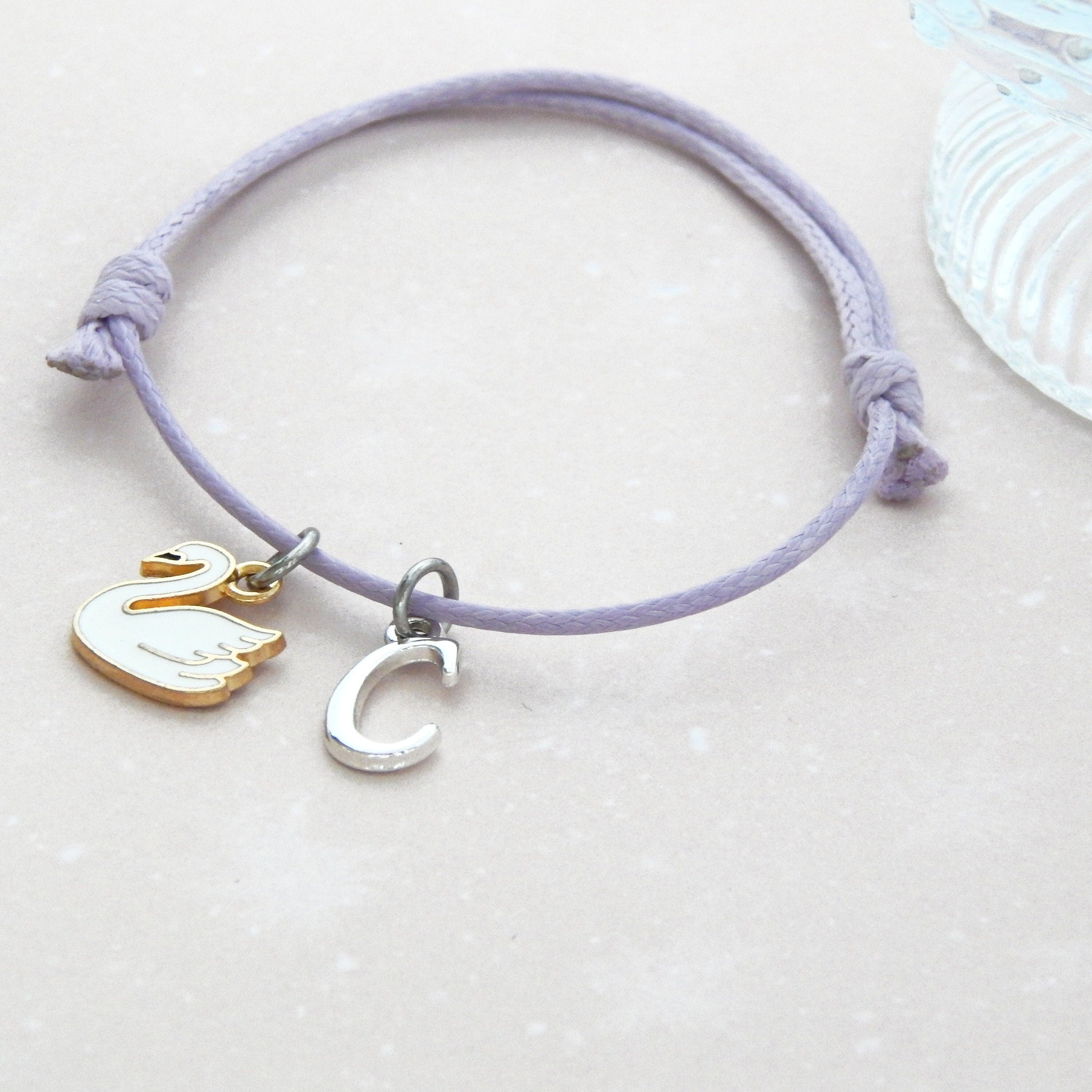 Swan bracelet, personalised gifts, waxed cord adjustable bracelet, letter charm bracelet, white bird jewellery