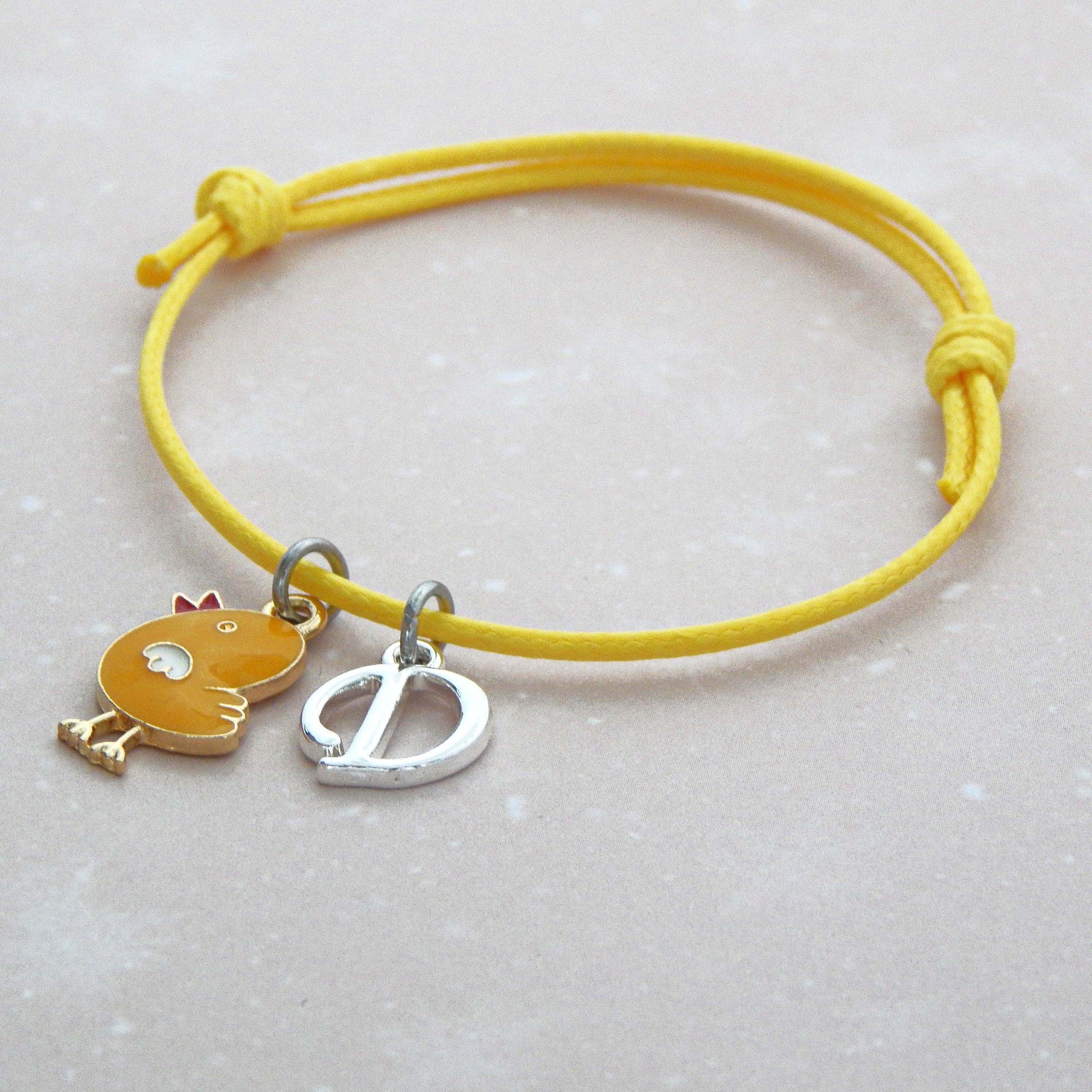 Chick bracelet, Easter jewellery, personalised gifts, waxed cord adjustable bracelet, initial bracelet, yellow chick gift