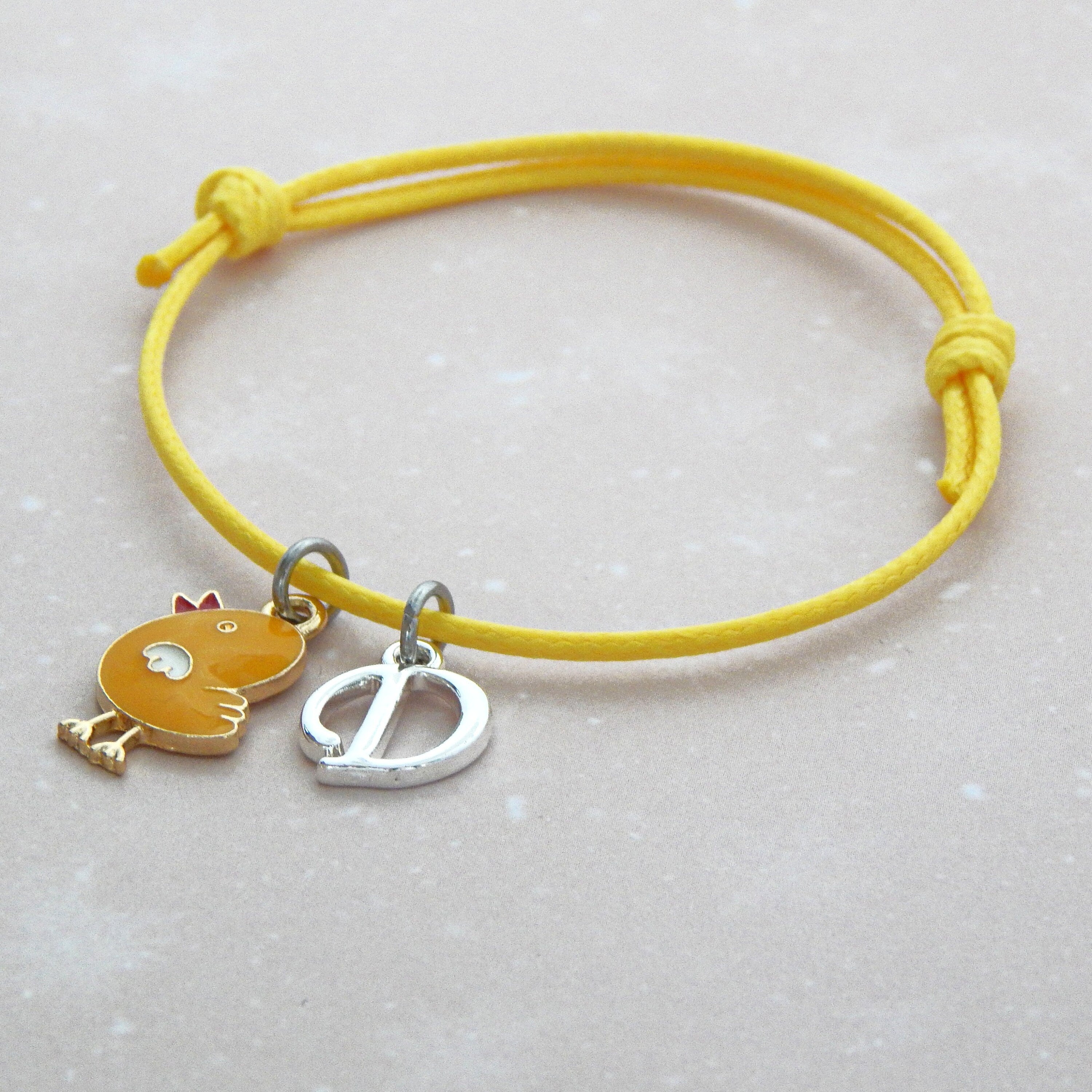Chick Initial Bracelet: Personalised Easter Jewellery, Adjustable Cord