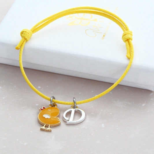 Chick bracelet, Easter jewellery, personalised gifts, waxed cord adjustable bracelet, initial bracelet, yellow chick gift