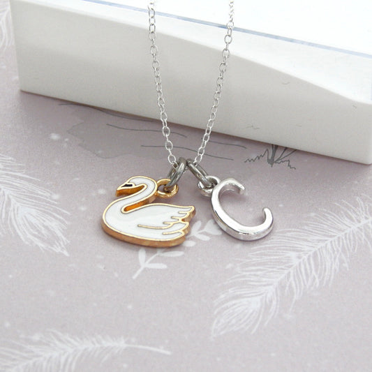 Swan necklace, personalised gifts, white swan jewellery, Easter 2025 gifts, bird gift, spring accessory, initial necklace