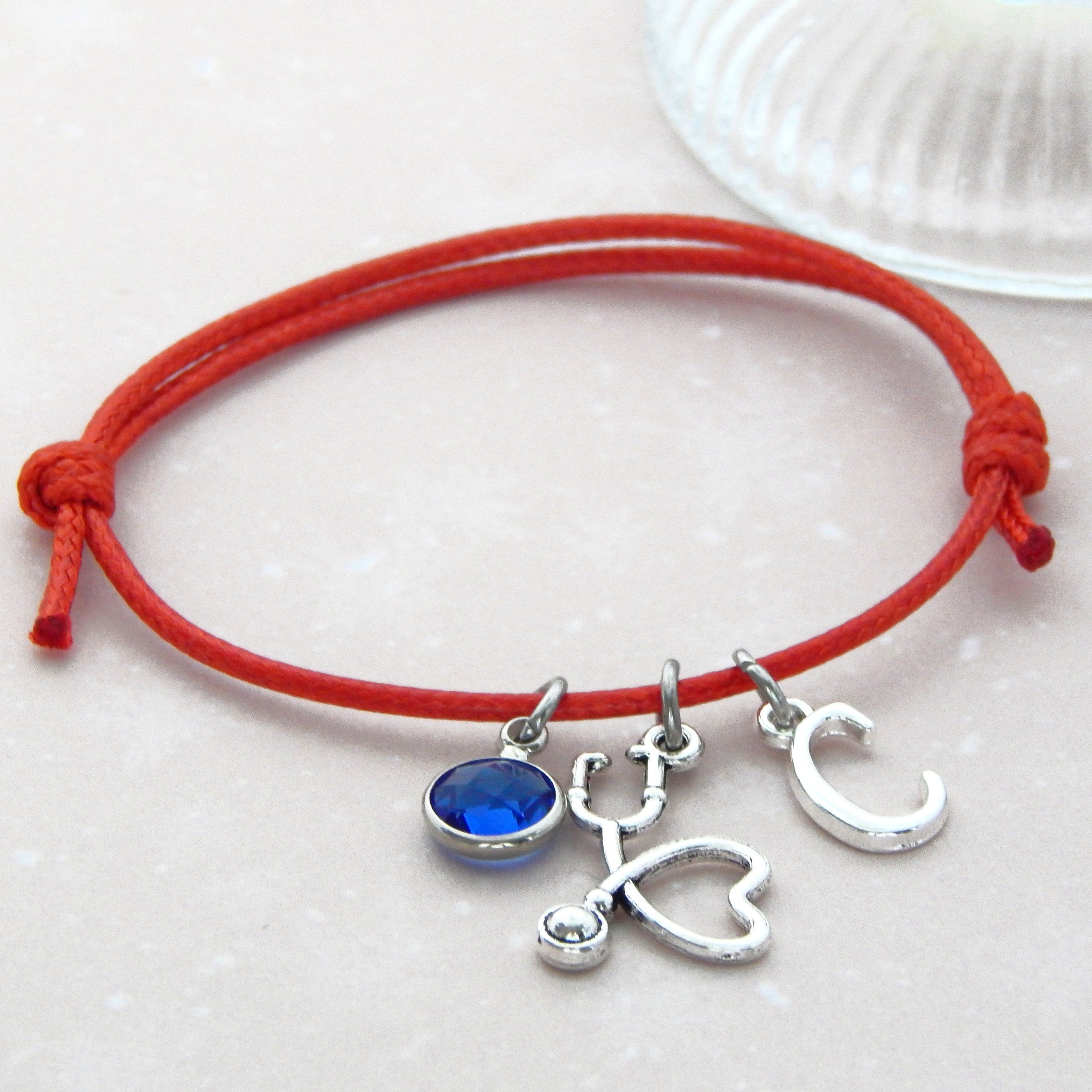 Stethoscope bracelet, personalised jewellery,  waxed cord adjustable bracelet, birthstone initial, birth month, Doctor nurse gift
