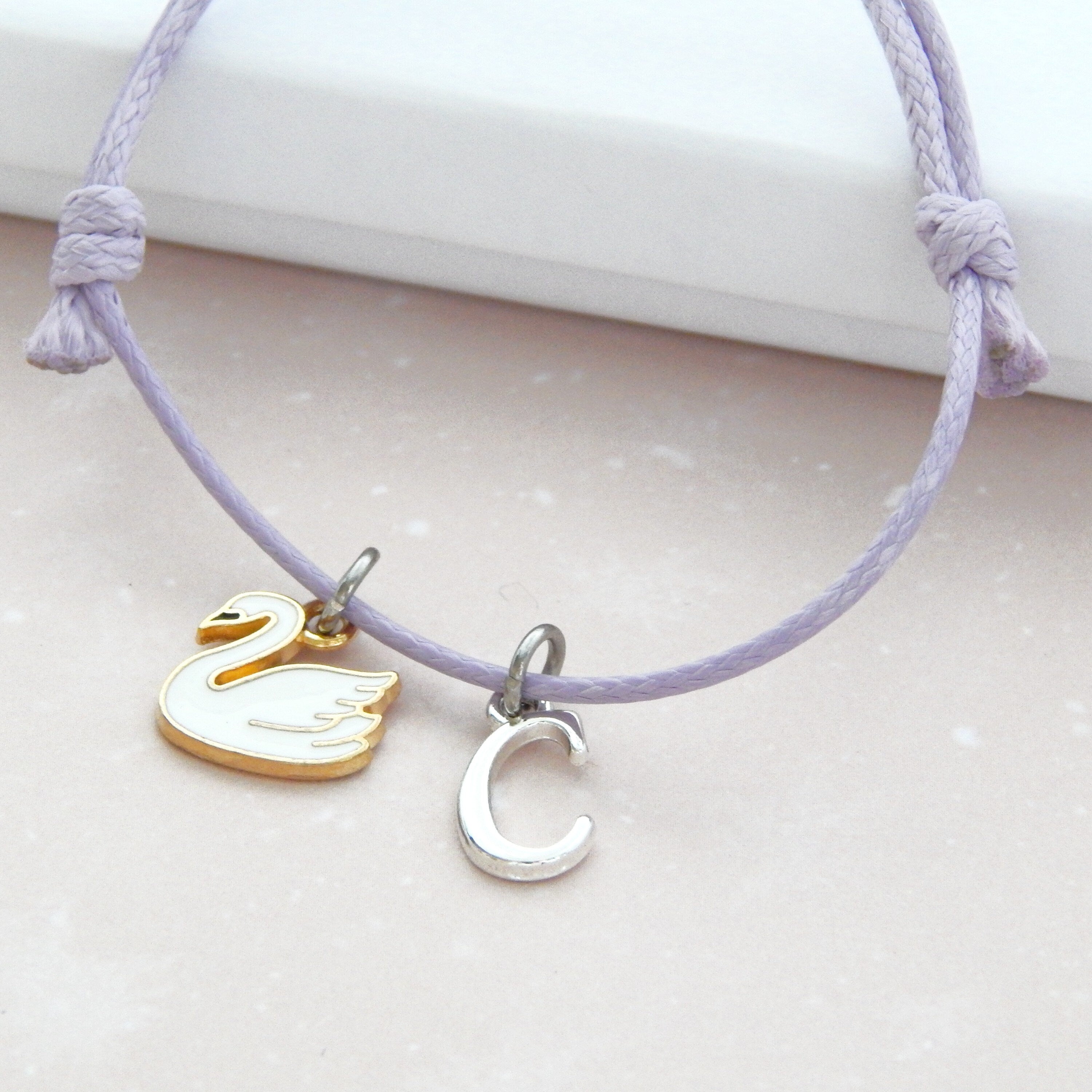 Swan bracelet, personalised gifts, waxed cord adjustable bracelet, letter charm bracelet, white bird jewellery