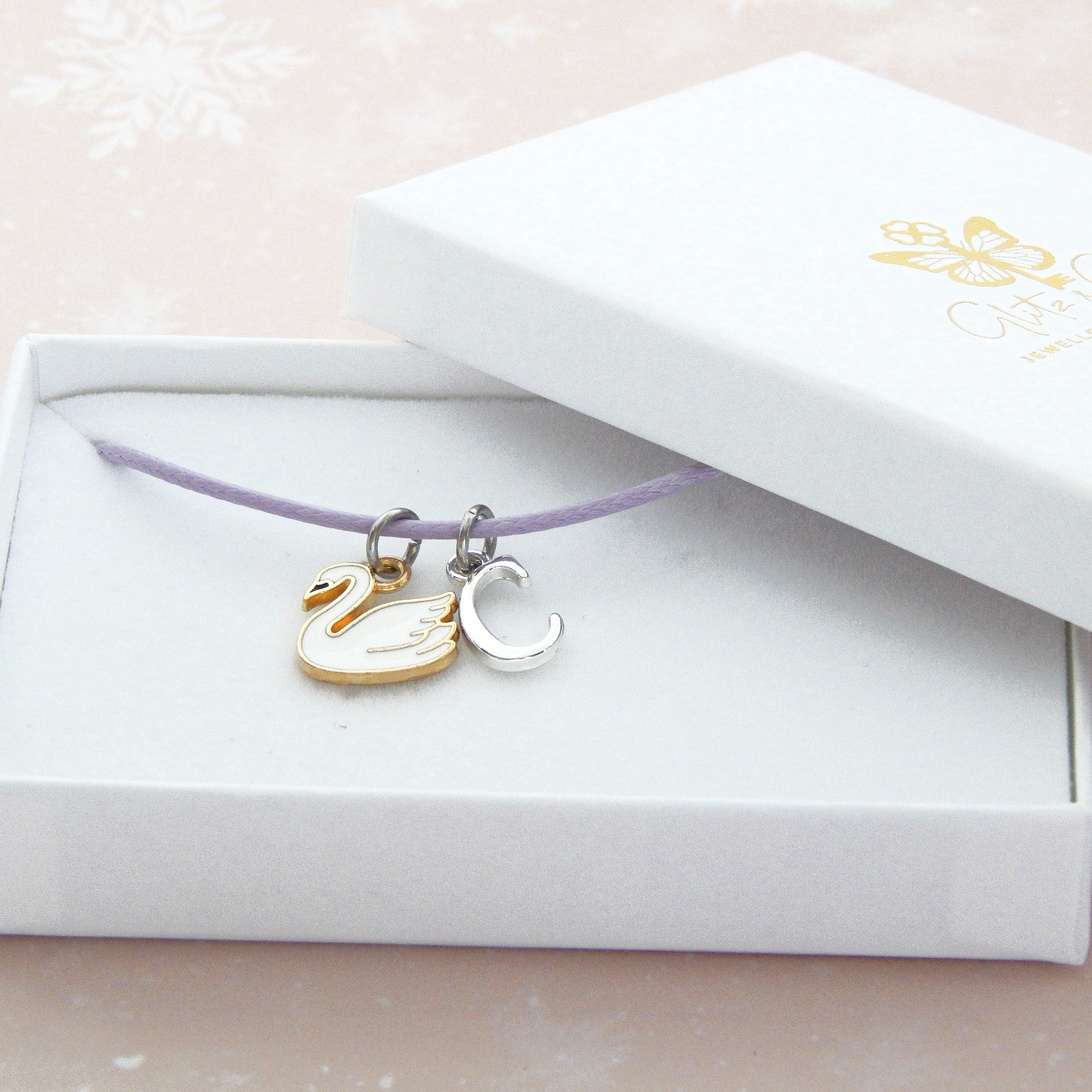 Swan bracelet, personalised gifts, waxed cord adjustable bracelet, letter charm bracelet, white bird jewellery