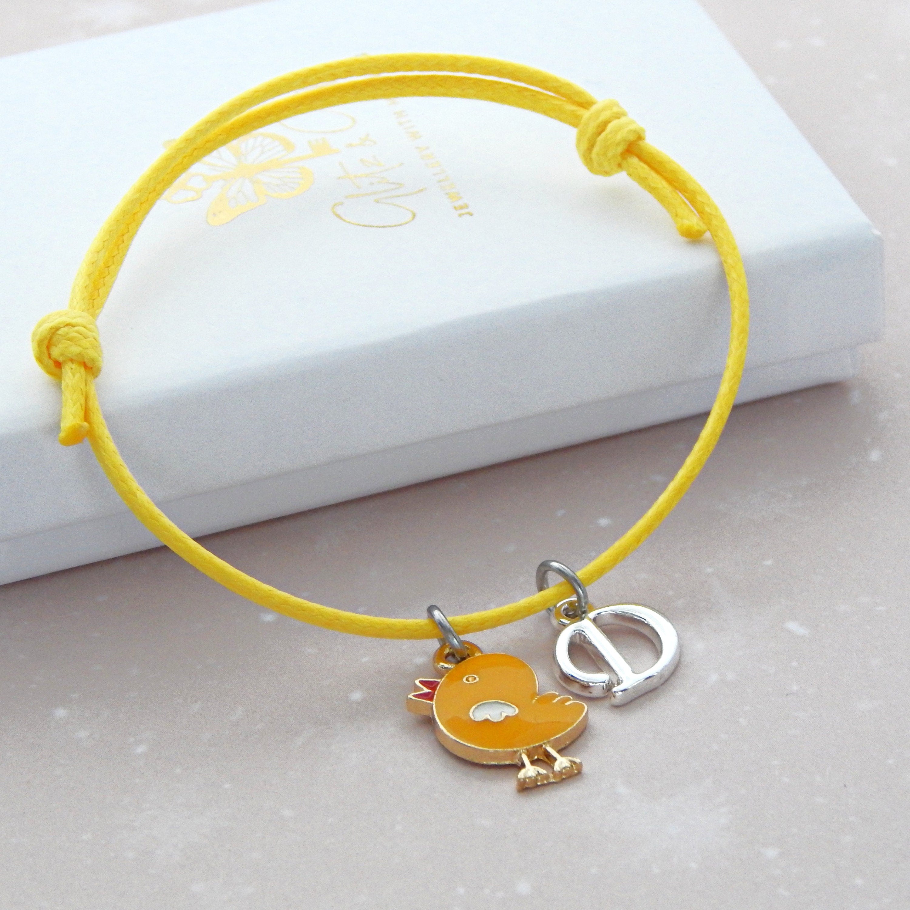Chick bracelet, Easter jewellery, personalised gifts, waxed cord adjustable bracelet, initial bracelet, yellow chick gift
