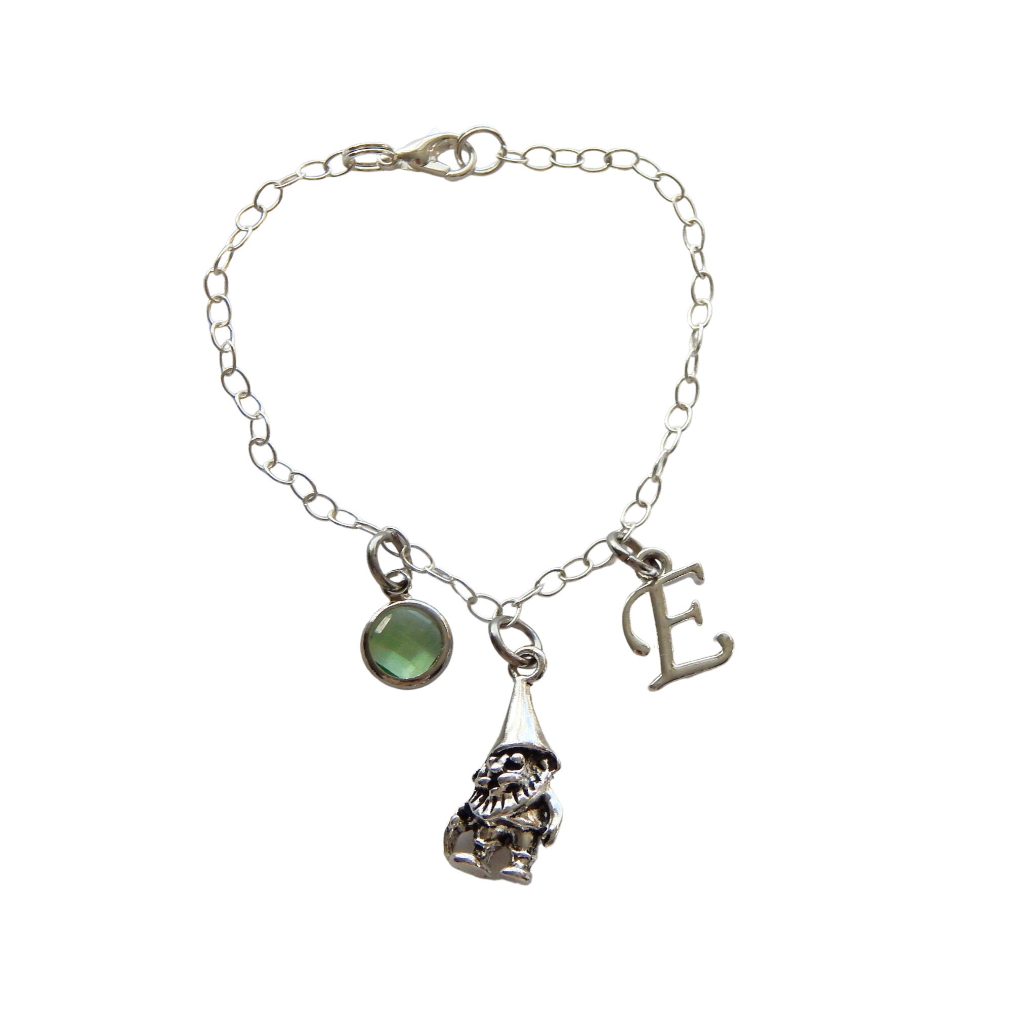 Gnome bracelet, personalised gifts, garden gnome jewellery, birthstone initial charm, gift for gardener, whimsical accessory