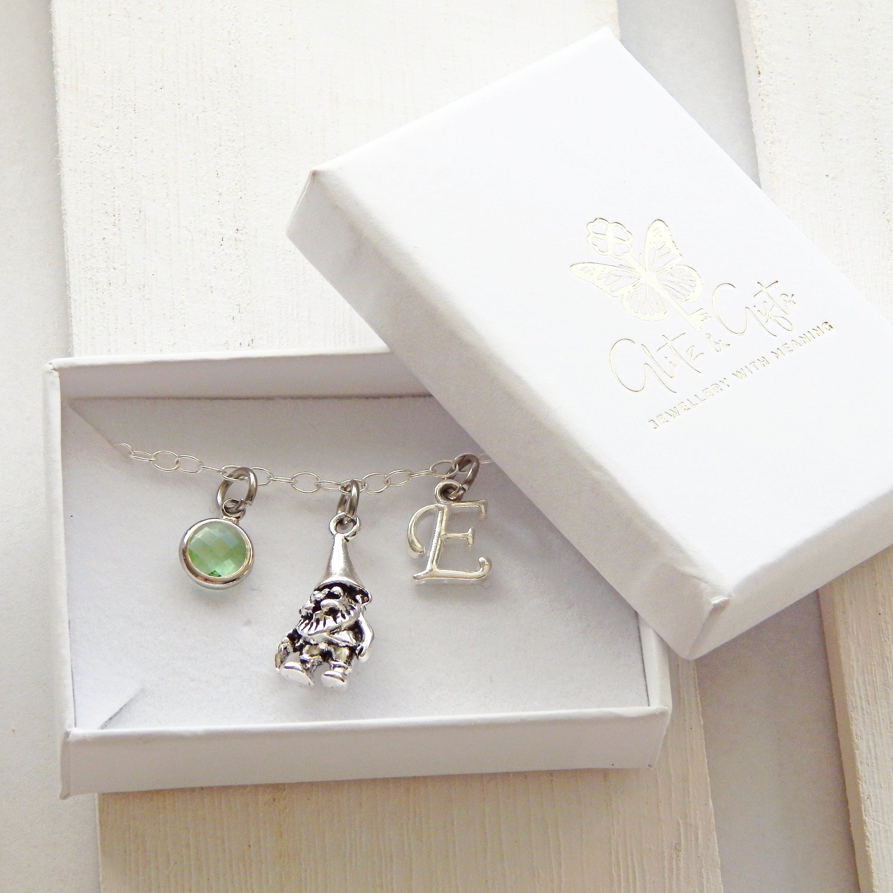 Gnome bracelet, personalised gifts, garden gnome jewellery, birthstone initial charm, gift for gardener, whimsical accessory