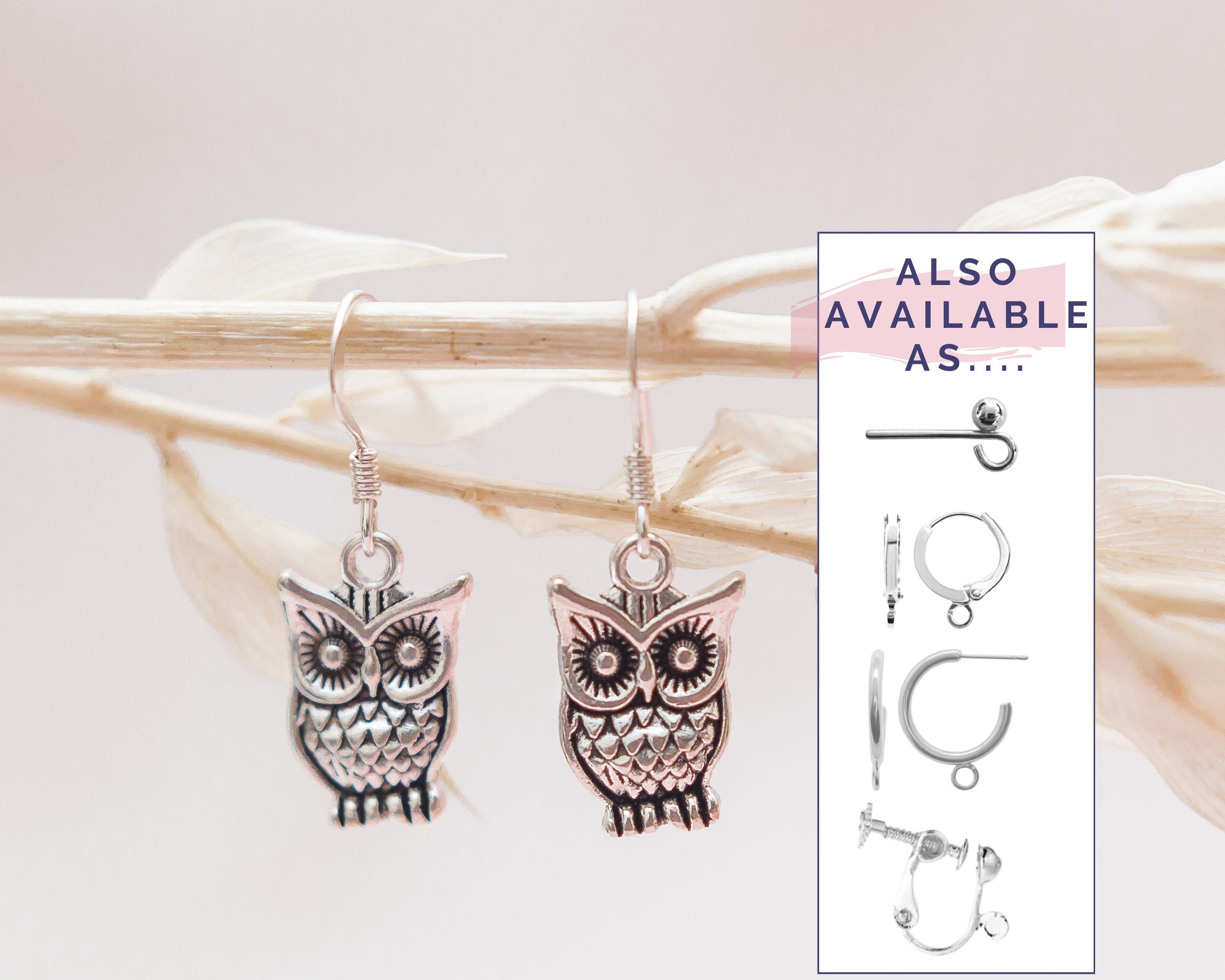 Owl earrings, graduation gift, teacher jewellery, wizard gifts, book lover present, bird accessories, 925 silver ear wire hook, drop charm