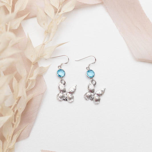 Butterfly earrings, birthstone jewellery, personalised gifts, birthday jewellery, insect theme gifts, wing accessory, butterflies' gifts