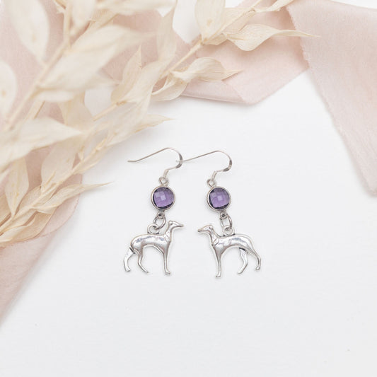 Greyhound earrings, birthstone jewellery, personalised gifts, dog hound earrings, new puppy owner, pet loss memorial, birthday keepsake