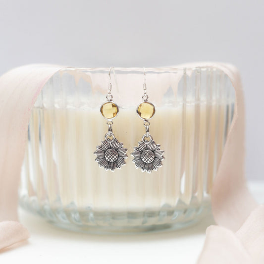 Sunflower earrings, birthstone jewellery, personalised gifts, flower theme gifts, yellow stone, floral accessory, gardener gardening gift